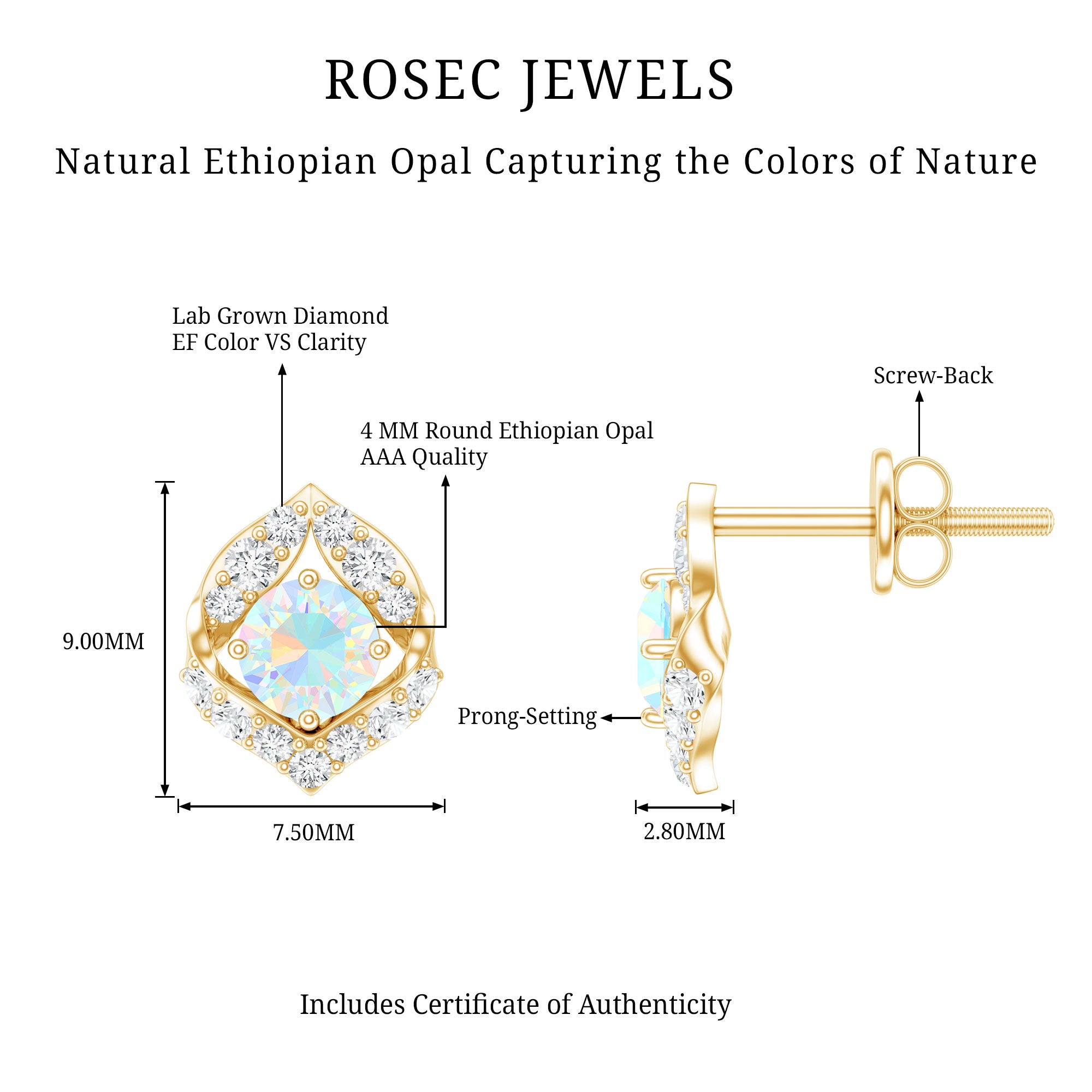 Vintage inspired Ethiopian Opal Stud Earrings with Diamond Accent AAA - Rosec Jewels