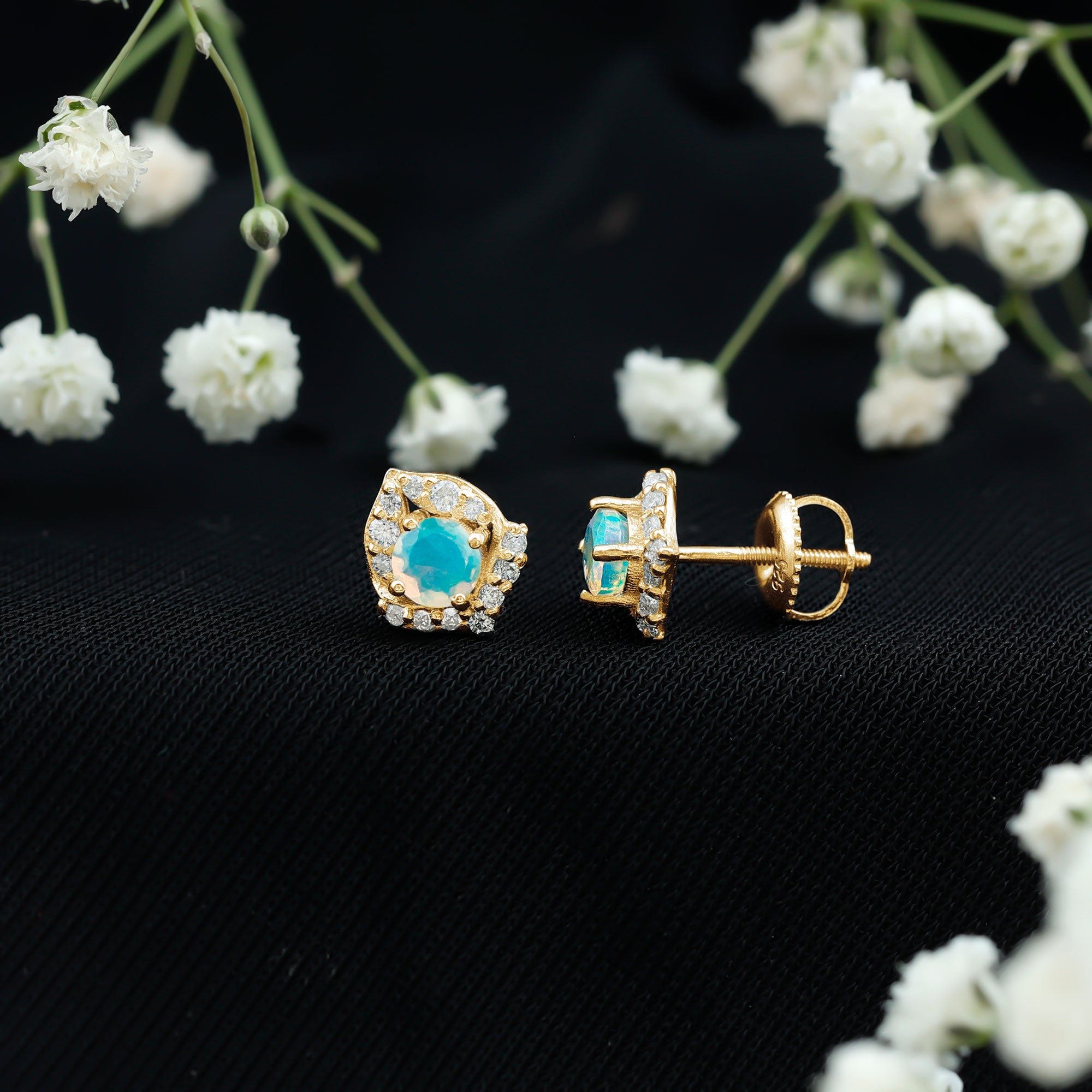 Vintage inspired Ethiopian Opal Stud Earrings with Diamond Accent AAA - Rosec Jewels