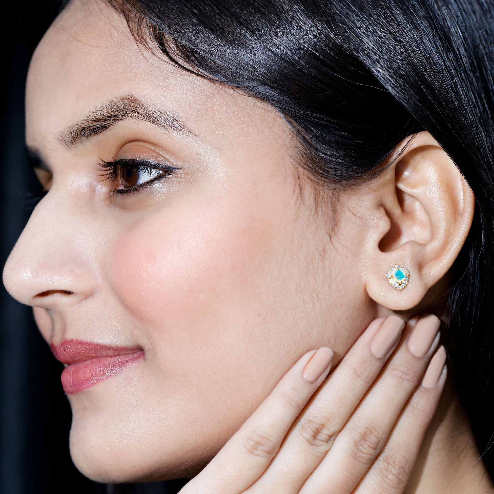 Vintage inspired Ethiopian Opal Stud Earrings with Diamond Accent AAA - Rosec Jewels