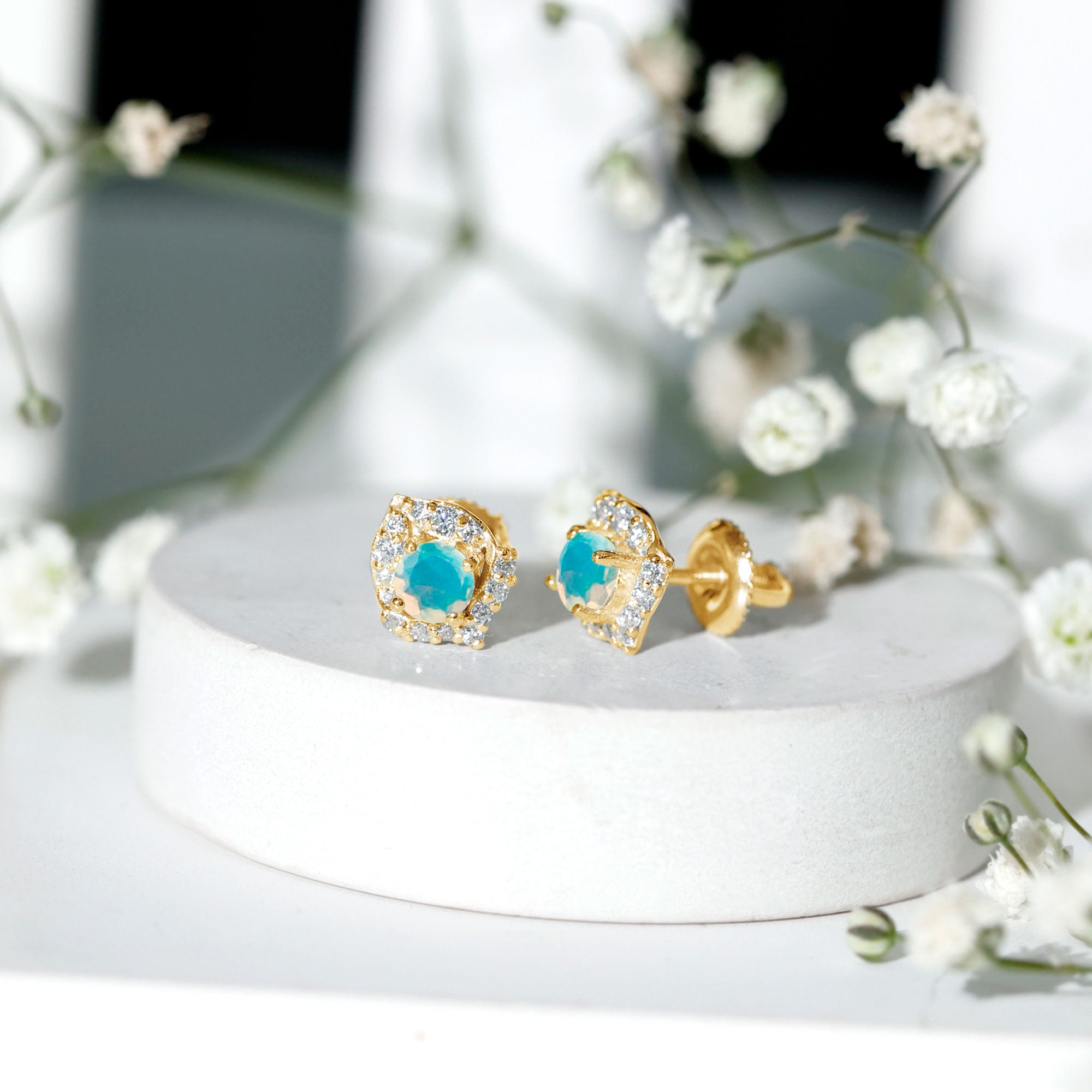 Vintage inspired Ethiopian Opal Stud Earrings with Diamond Accent AAA - Rosec Jewels
