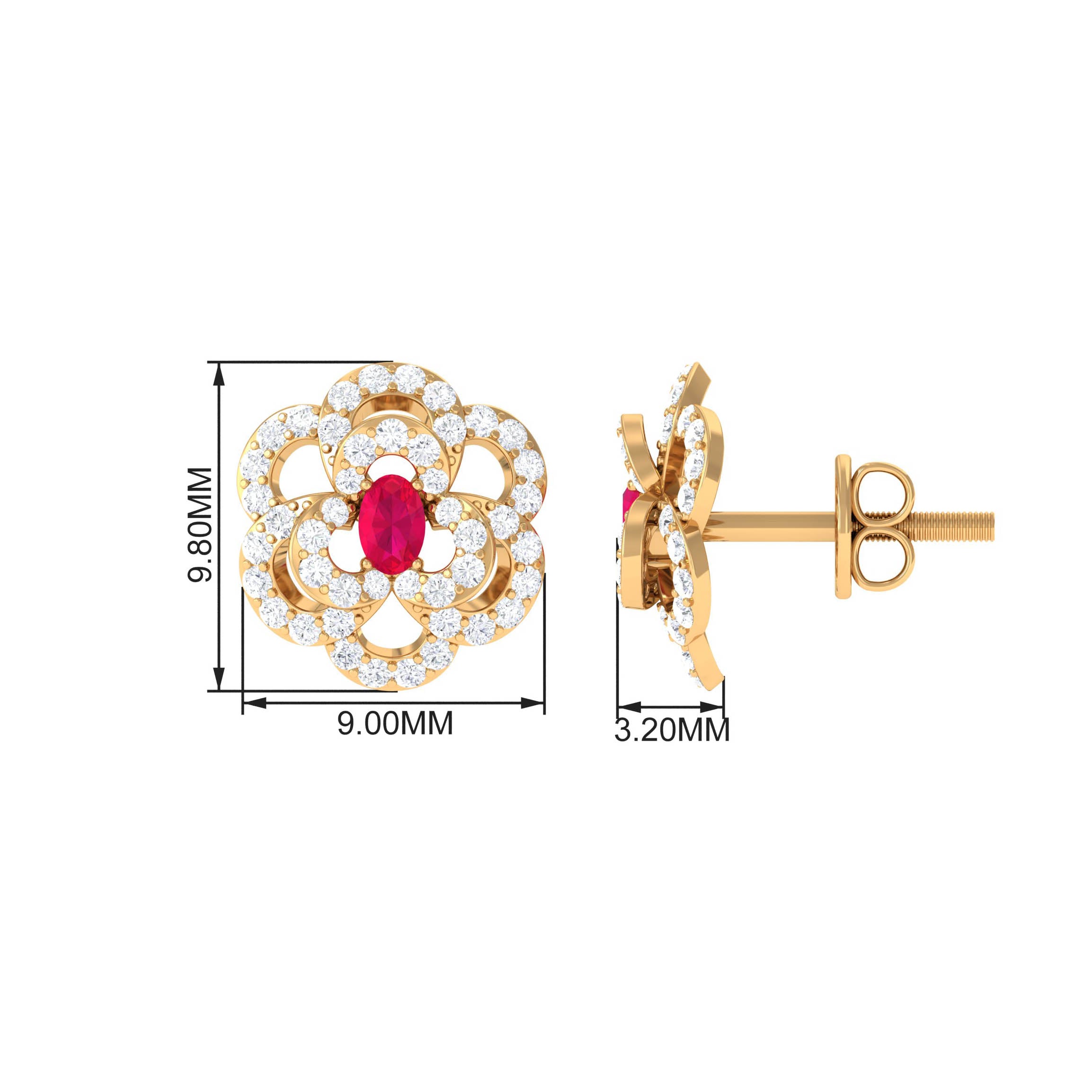 Flower Inspired Ruby and Diamond Statement Stud Earrings Ruby - ( AAA ) - Quality - Rosec Jewels