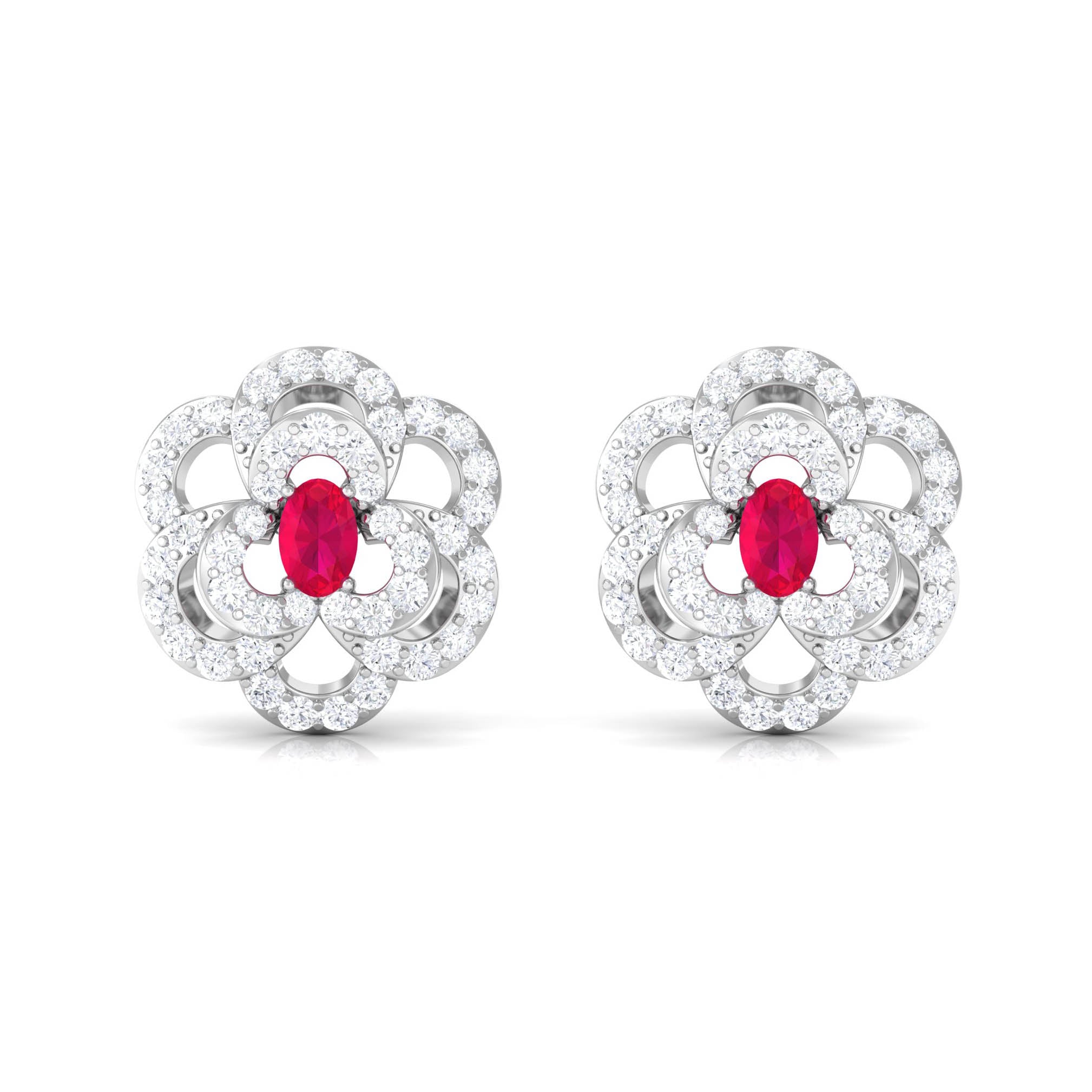 Flower Inspired Ruby and Diamond Statement Stud Earrings Ruby - ( AAA ) - Quality - Rosec Jewels