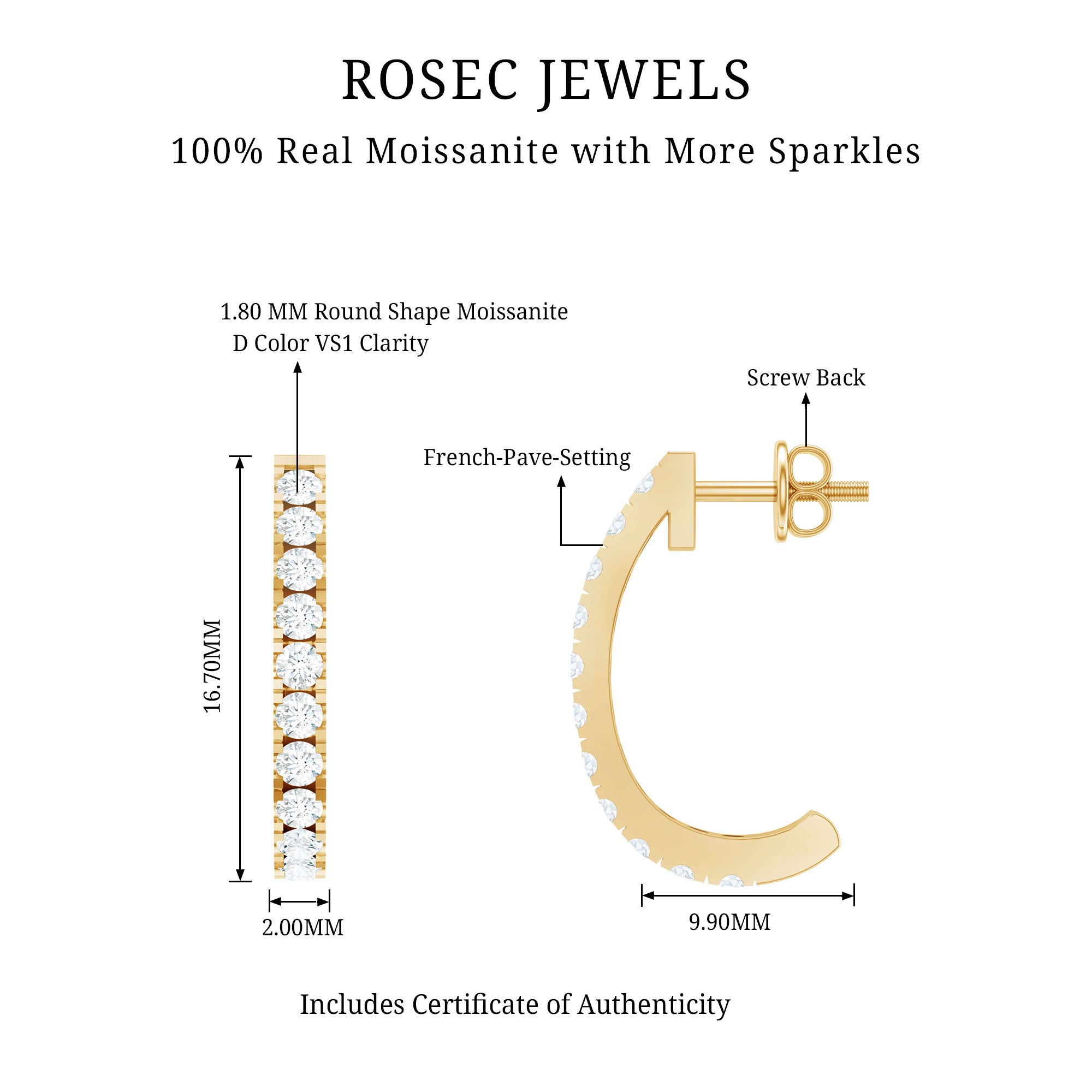 Certified Moissanite Hoop Earrings For Women D-VS1 - Rosec Jewels
