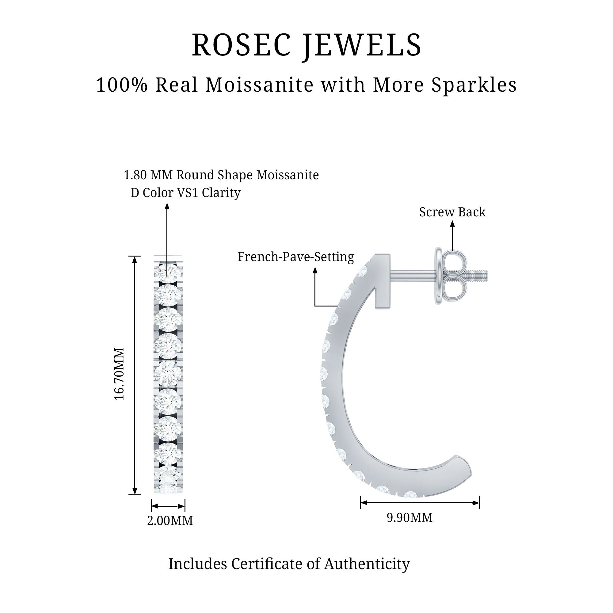 Certified Moissanite Hoop Earrings For Women D-VS1 - Rosec Jewels