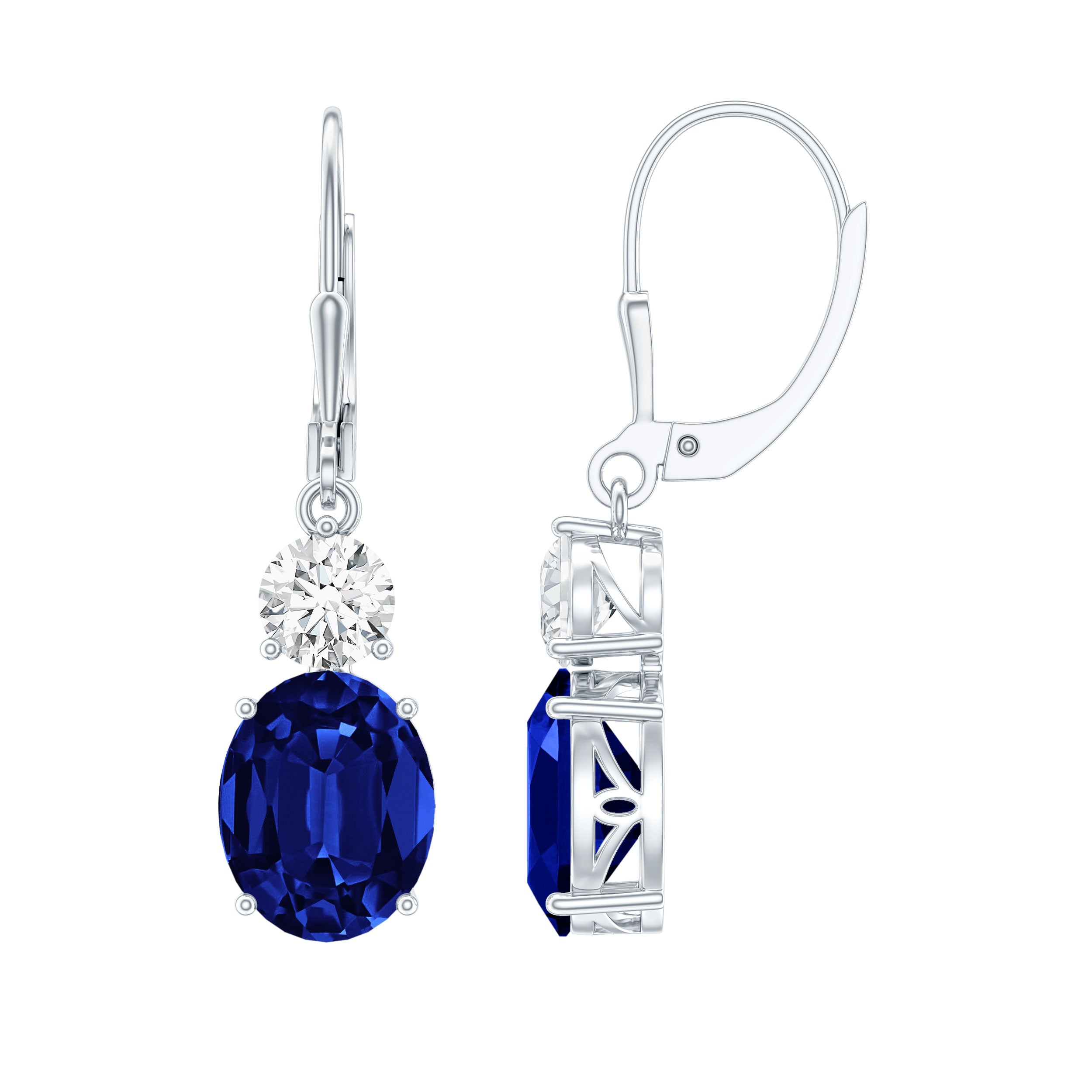 Lab Grown Blue Sapphire Drop Hoop Earrings with Moissanite AAAA 92.5 Sterling Silver - Rosec Jewels