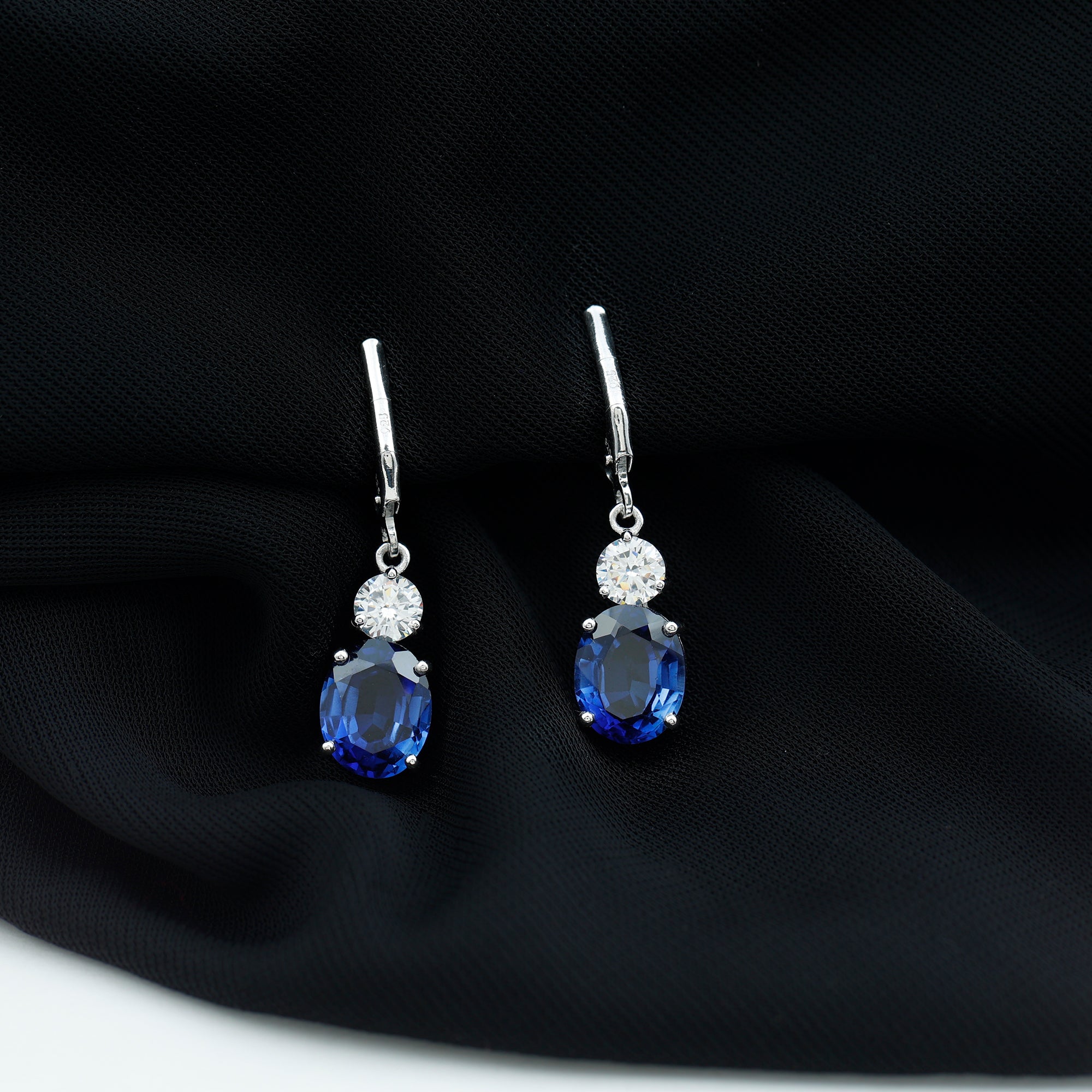 Created Blue Sapphire Dangle Drop Earrings - Rosec Jewels