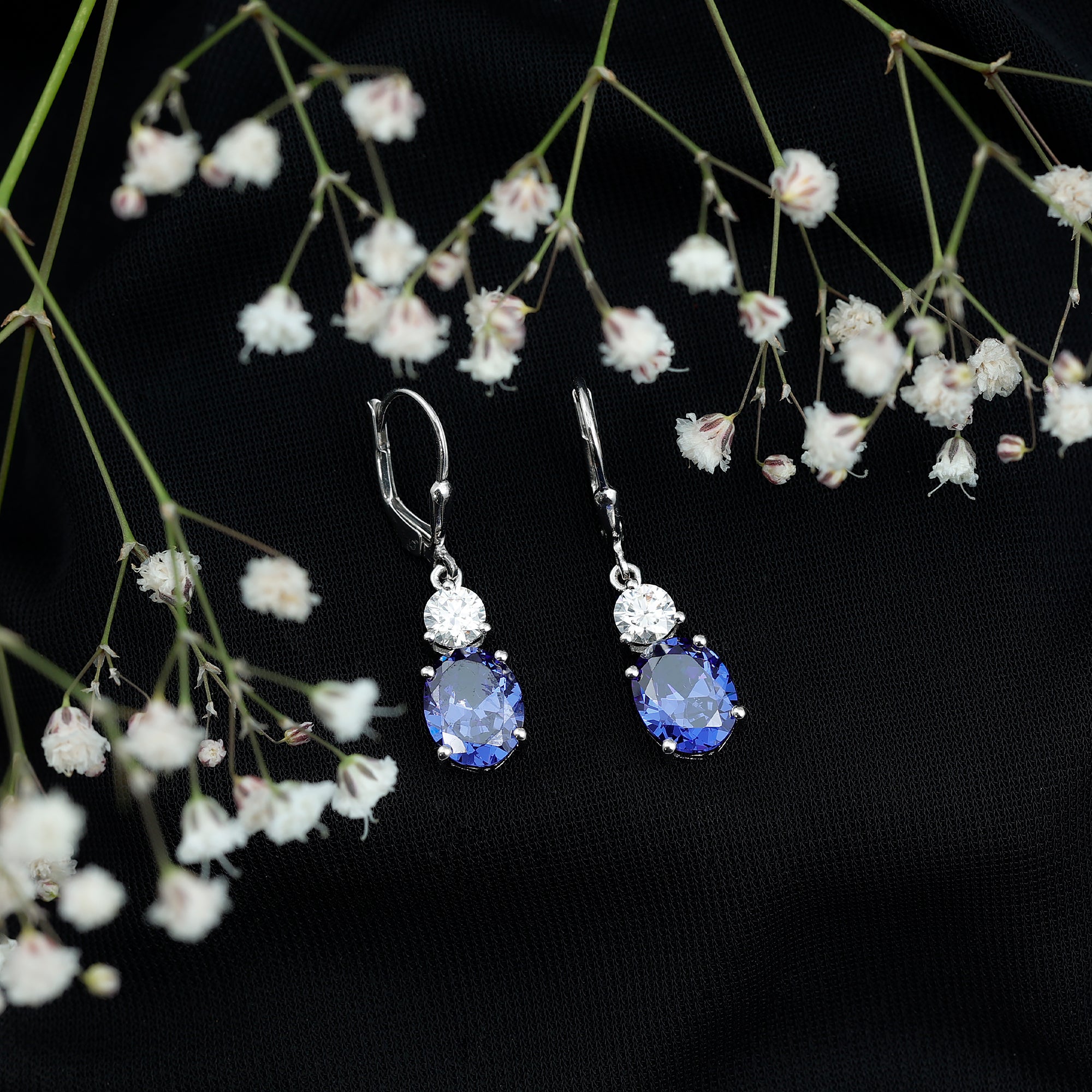 Lab Grown Blue Sapphire Drop Hoop Earrings with Moissanite AAAA 92.5 Sterling Silver - Rosec Jewels