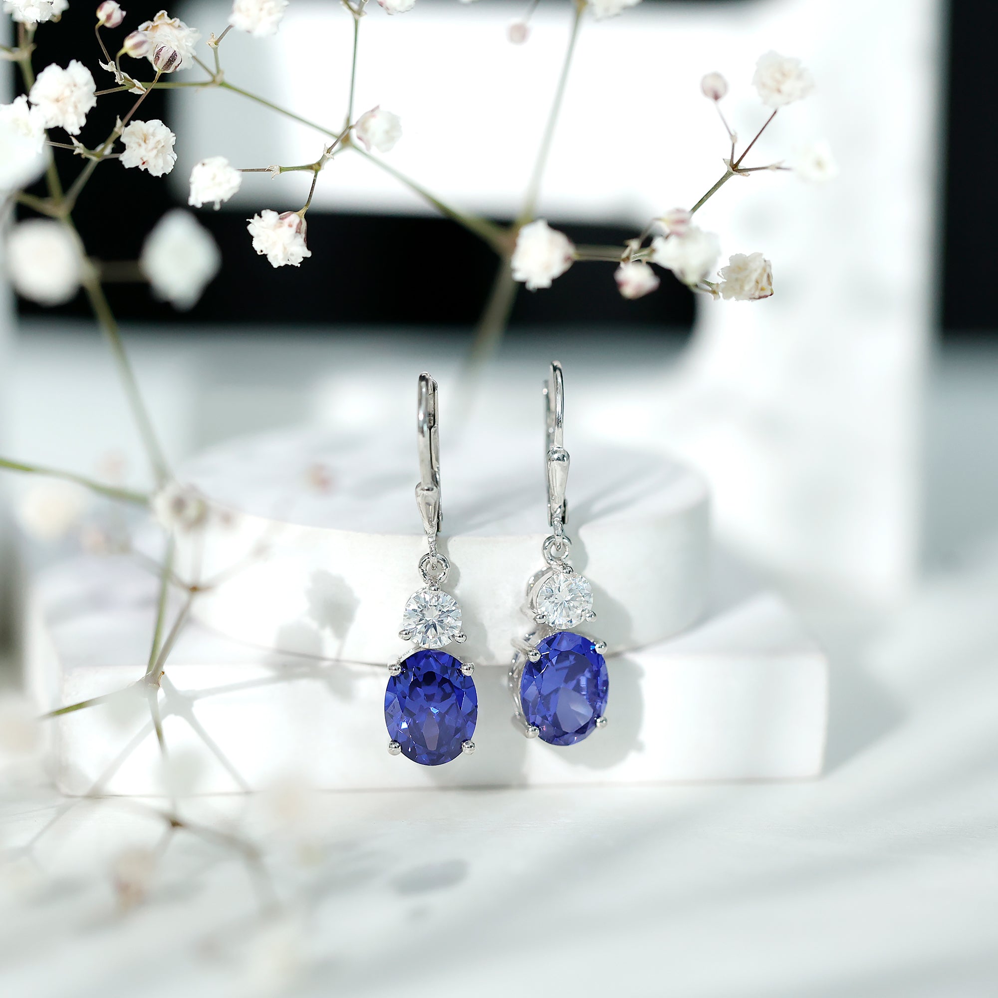 Lab Grown Blue Sapphire Drop Hoop Earrings with Moissanite AAAA 92.5 Sterling Silver - Rosec Jewels