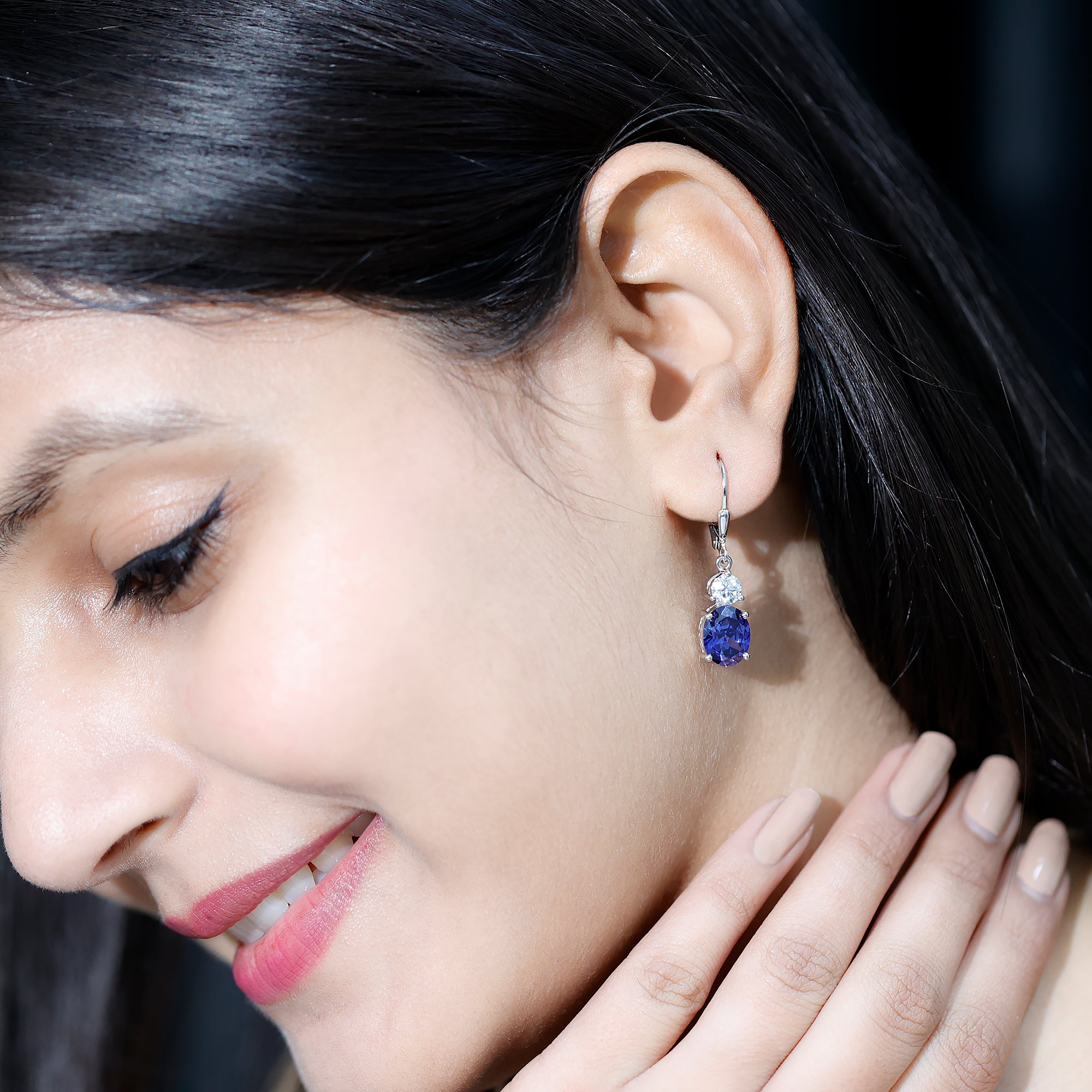 Lab Grown Blue Sapphire Drop Hoop Earrings with Moissanite AAAA 92.5 Sterling Silver - Rosec Jewels
