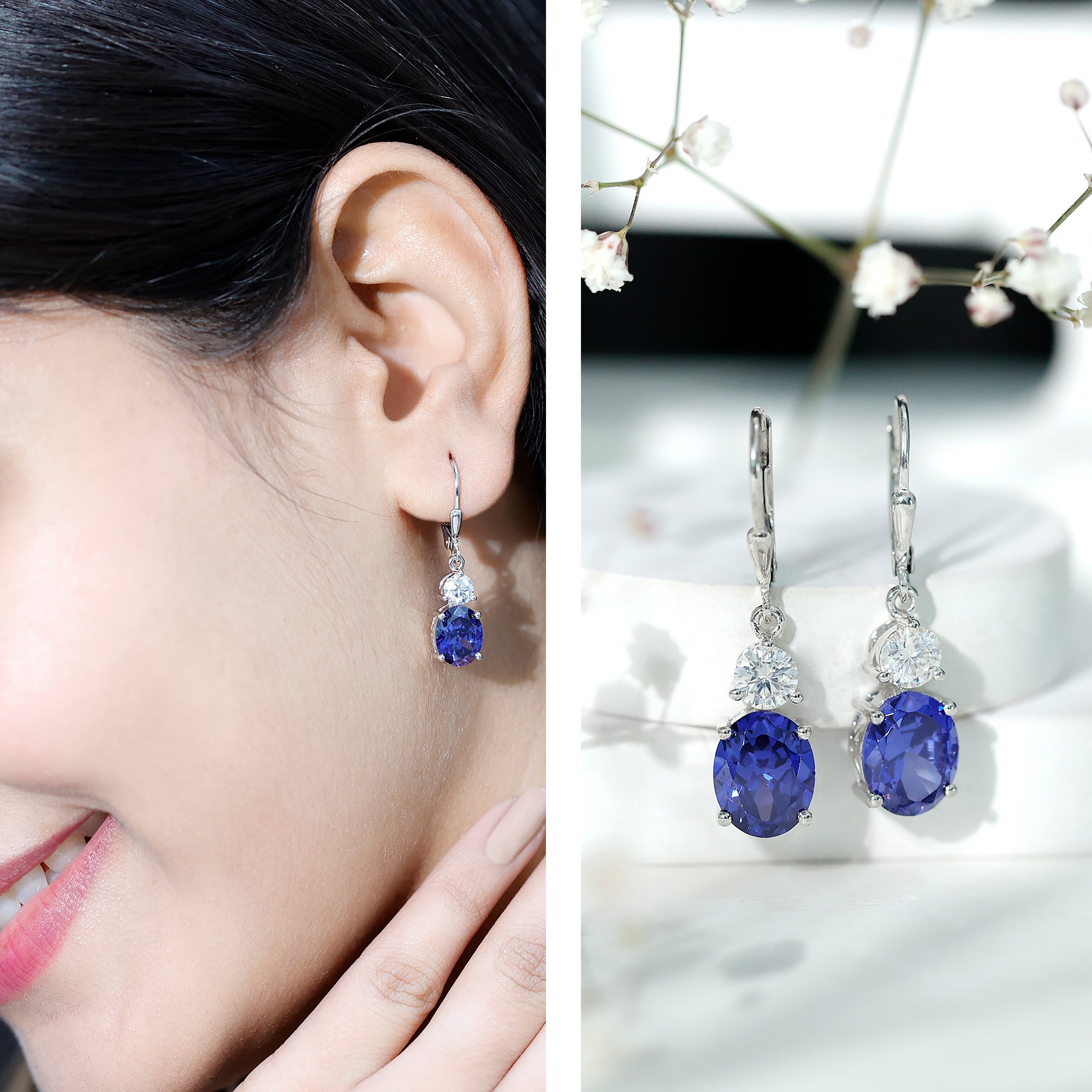 Lab Grown Blue Sapphire Drop Hoop Earrings with Moissanite AAAA 92.5 Sterling Silver - Rosec Jewels
