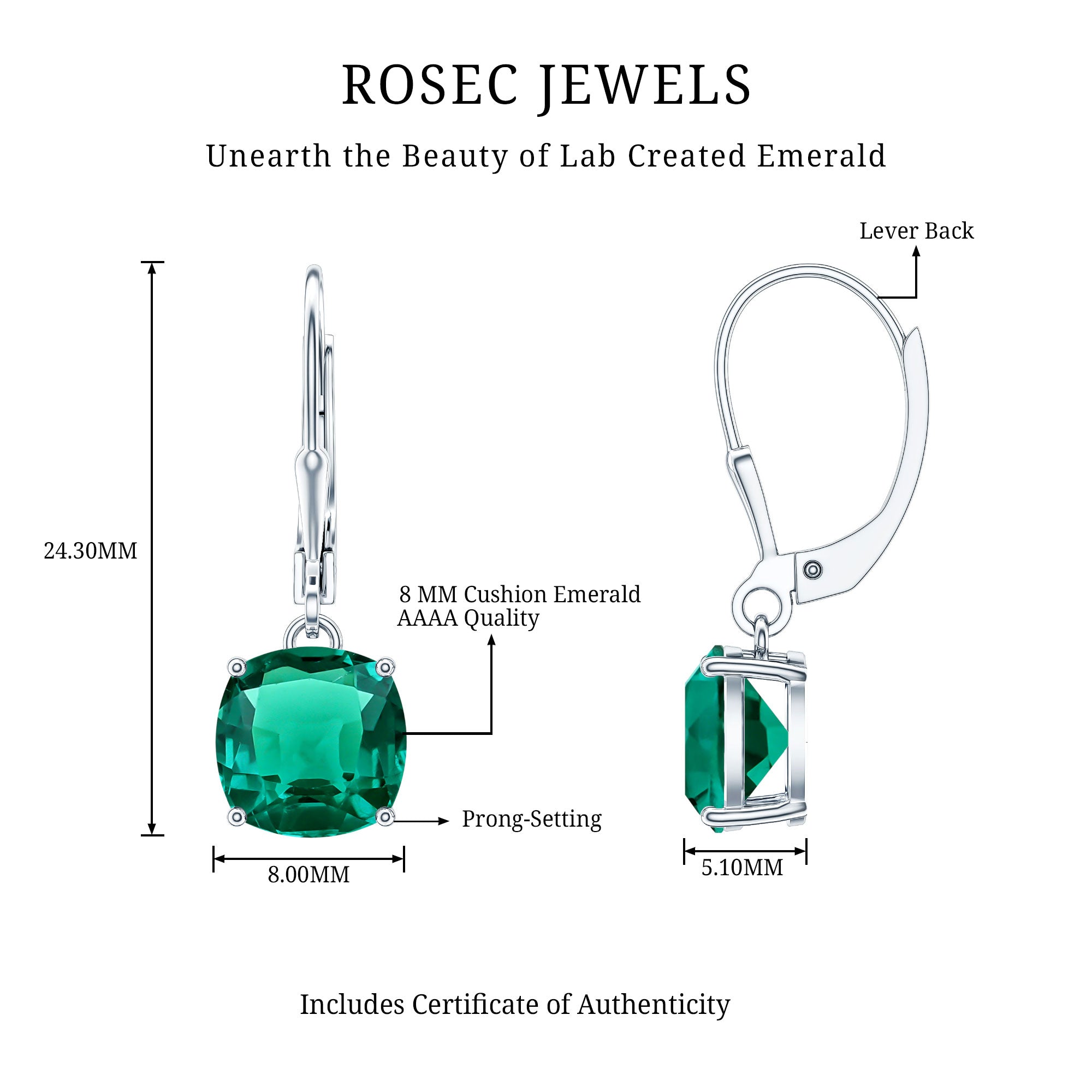 Cushion Cut Lab Created Emerald Dangle Hoop Earrings AAAA - Rosec Jewels