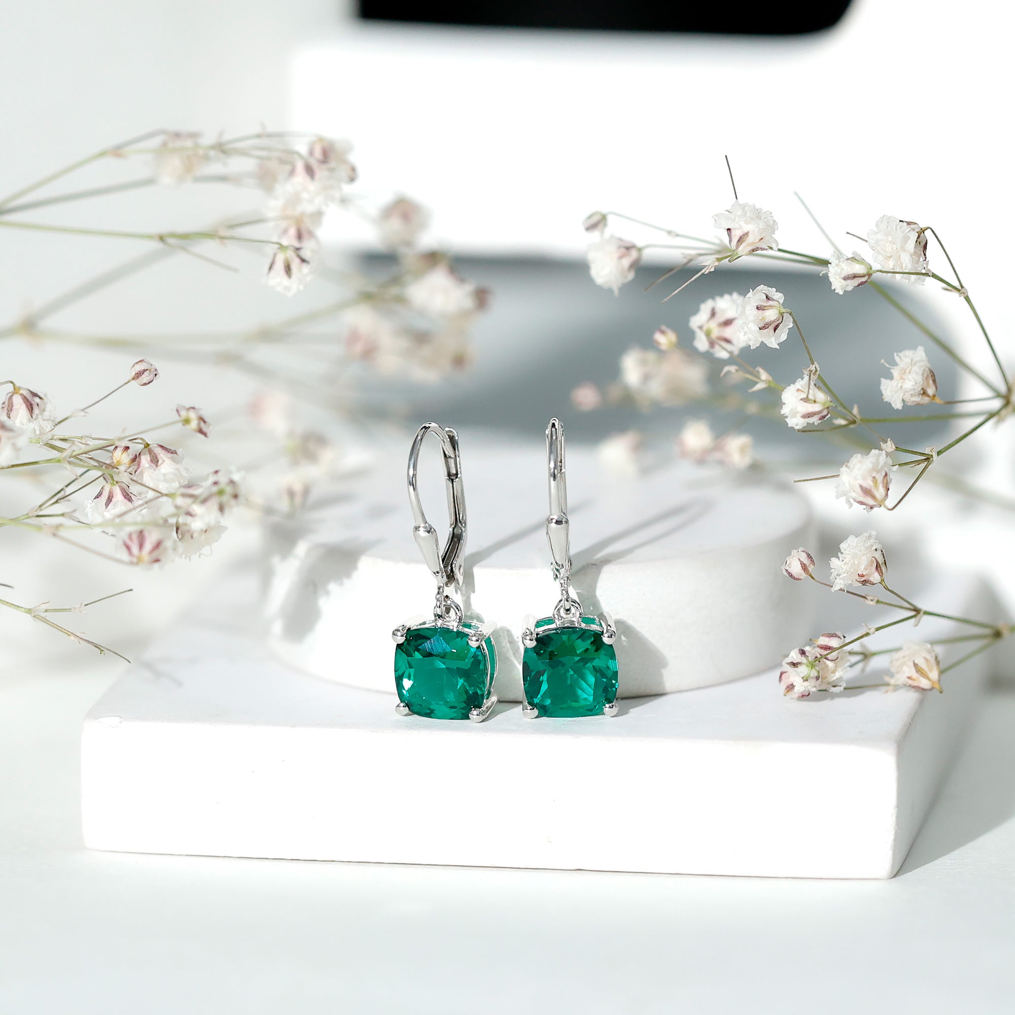 Cushion Cut Lab Created Emerald Dangle Hoop Earrings AAAA - Rosec Jewels