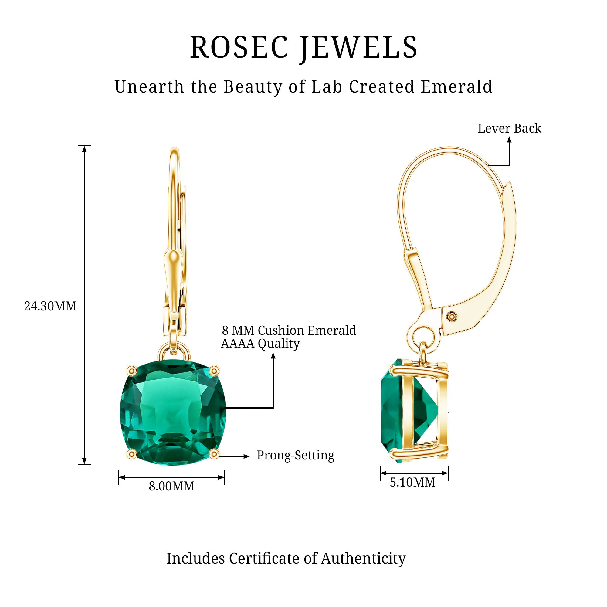 Cushion Cut Lab Created Emerald Dangle Hoop Earrings AAAA - Rosec Jewels