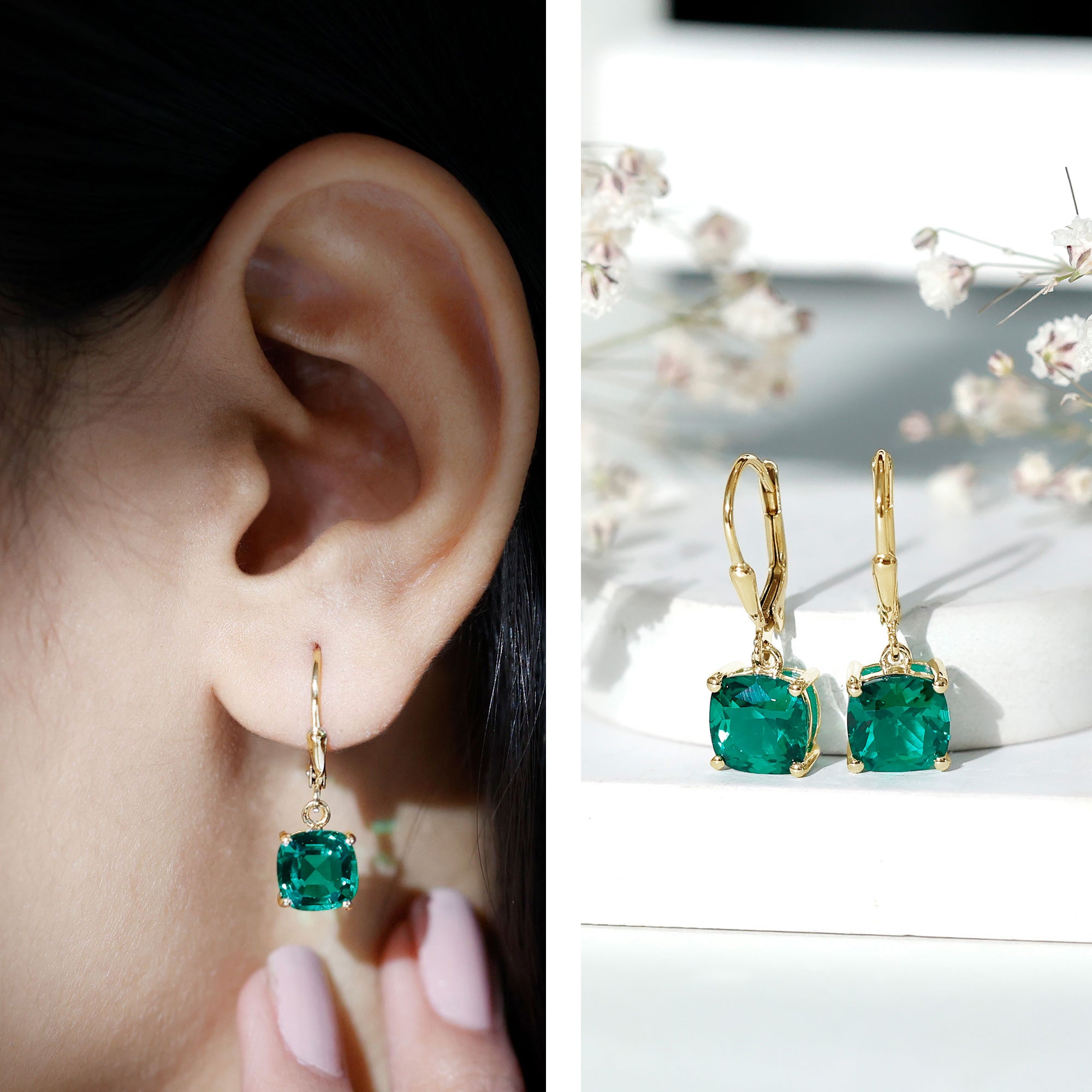 Cushion Cut Lab Created Emerald Dangle Hoop Earrings AAAA - Rosec Jewels