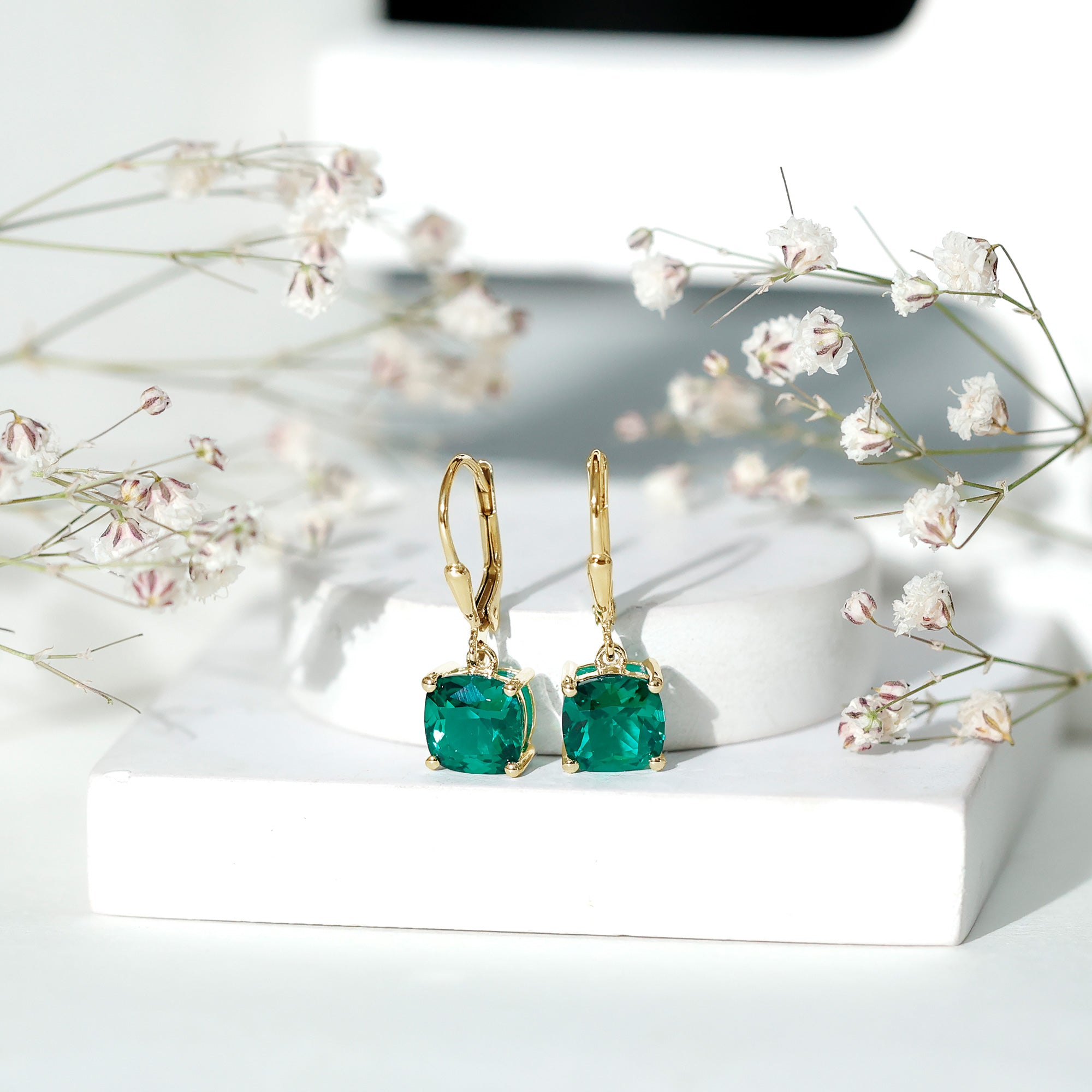 Cushion Cut Lab Created Emerald Dangle Hoop Earrings AAAA - Rosec Jewels
