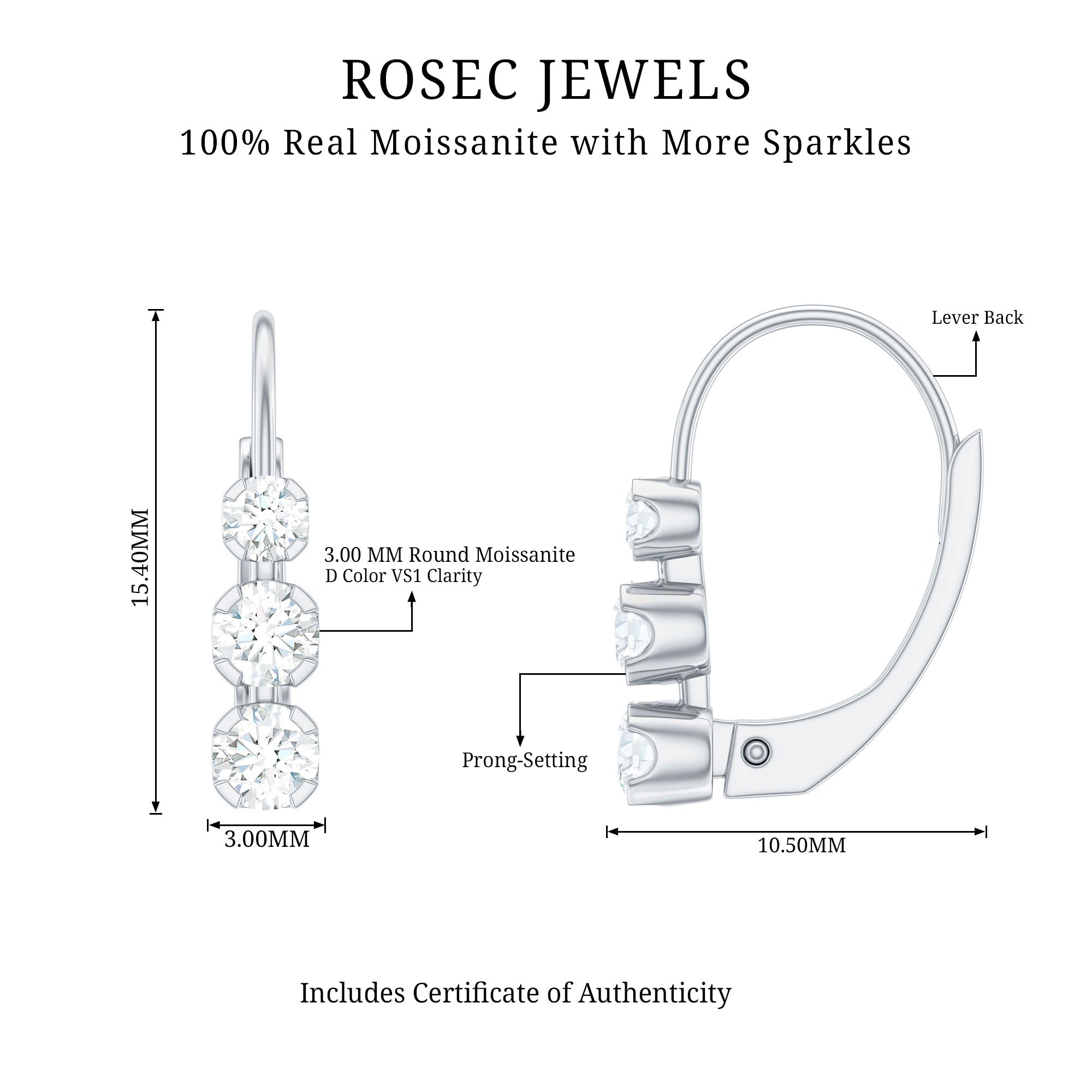Round Moissanite Three Stone Hoop Earrings with Lever Back D-VS1 - Rosec Jewels