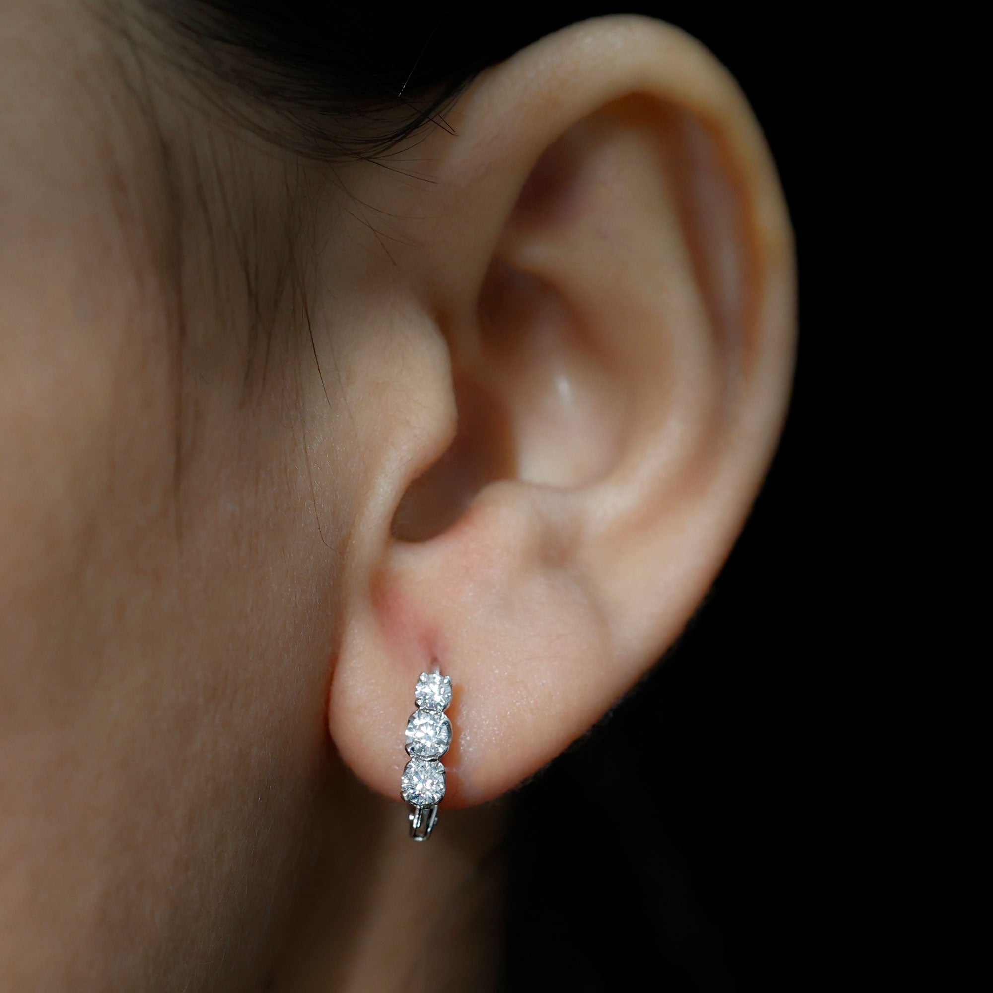 Round Moissanite Three Stone Hoop Earrings with Lever Back D-VS1 - Rosec Jewels