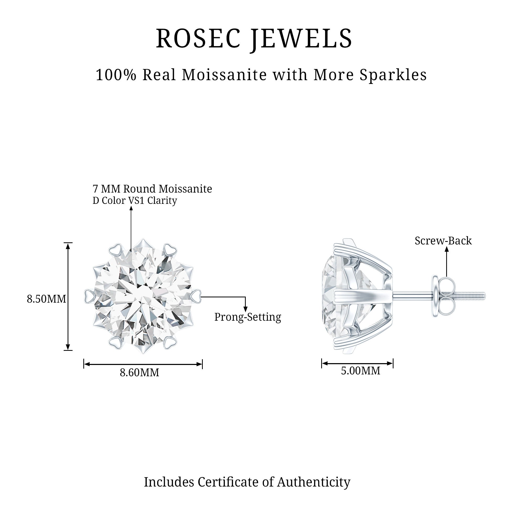 Round 2.7 Carat Moissanite Solitaire Stud Earrings in Sterling Silver D-VS1 92.5 Sterling Silver - Rosec Jewels