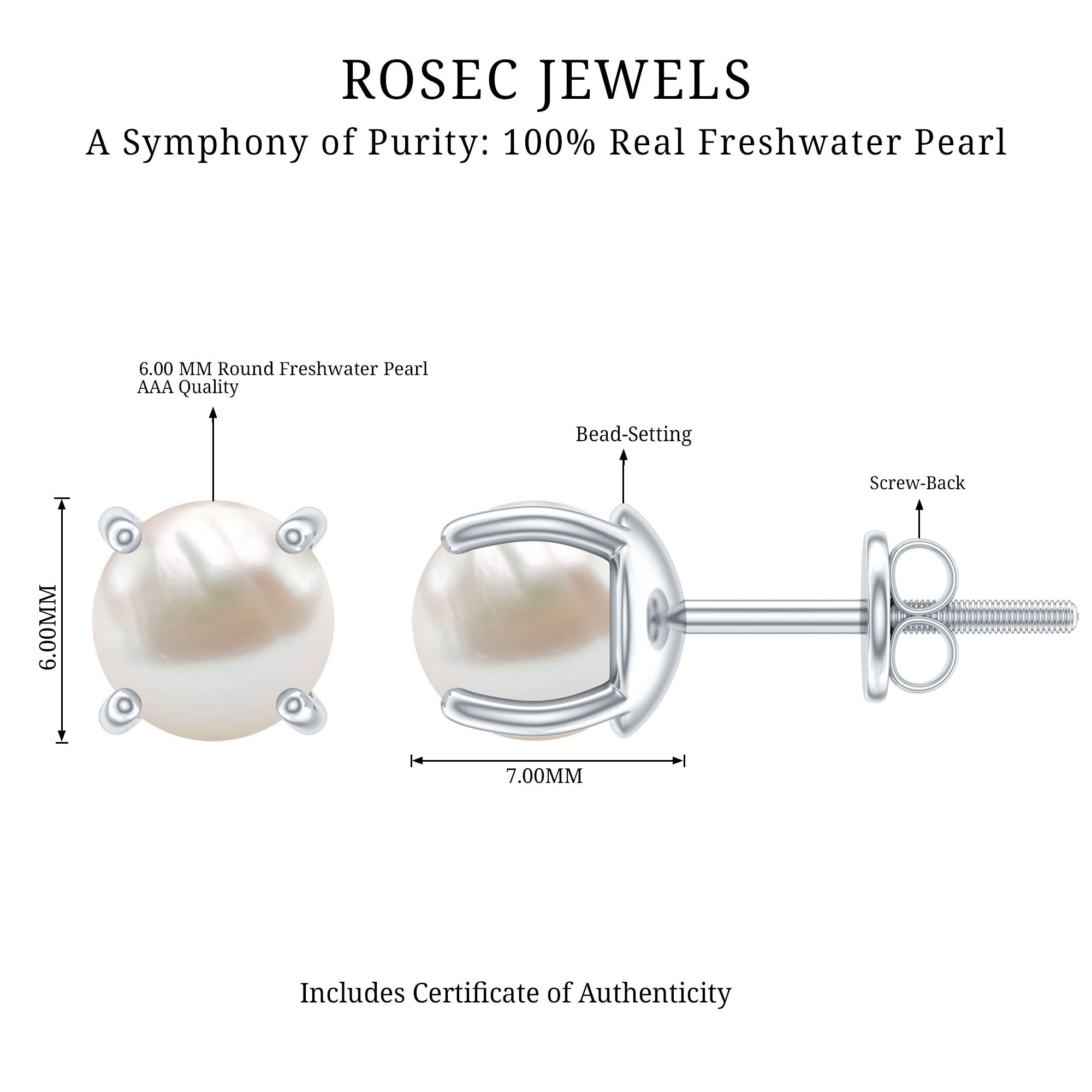 Natural 4.4 Carat Pearl Stud Earrings with Certificate AAA 92.5 Sterling Silver - Rosec Jewels