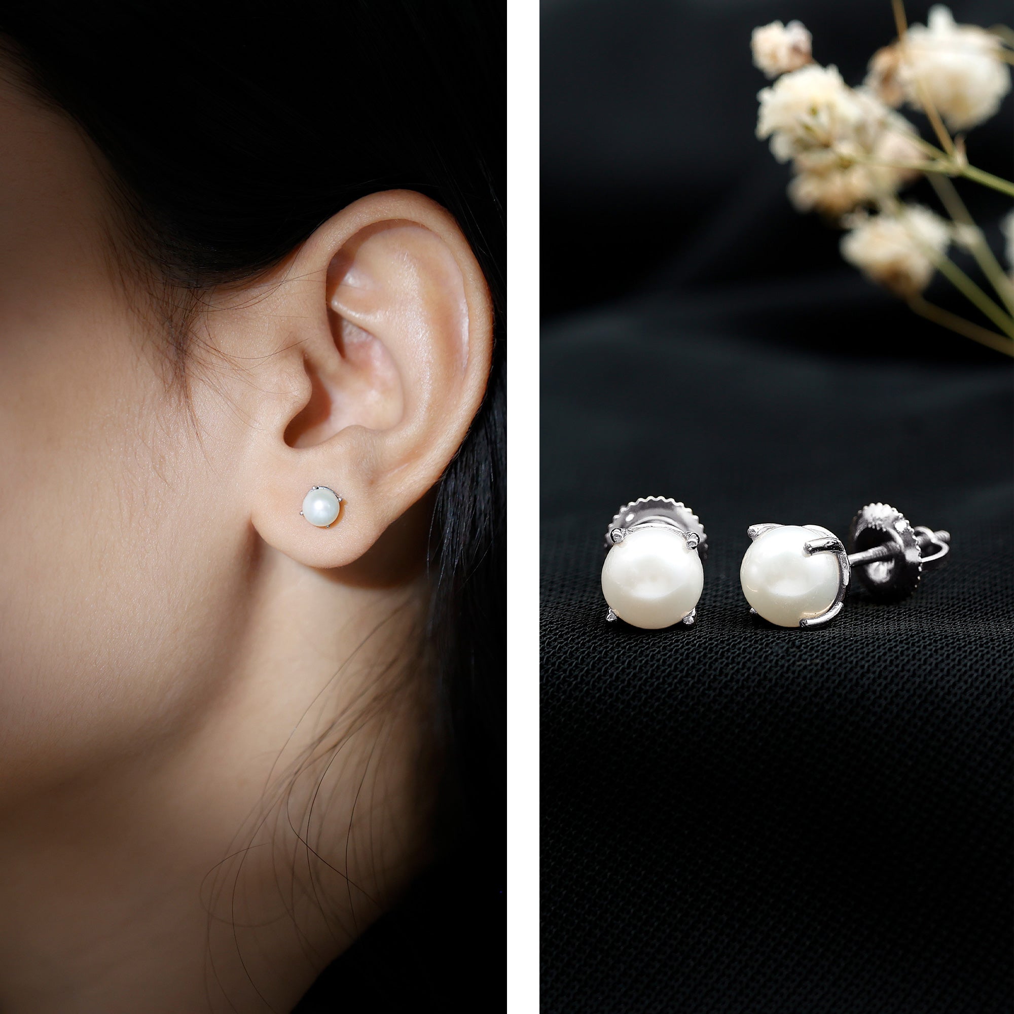 Natural 4.4 Carat Pearl Stud Earrings with Certificate AAA 92.5 Sterling Silver - Rosec Jewels