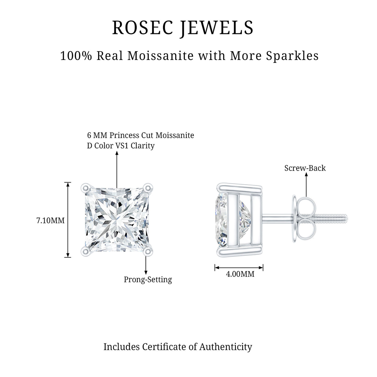 Certified 2.5 Carat Princess Cut Moissanite Stud Earrings in Silver D-VS1 92.5 Sterling Silver - Rosec Jewels