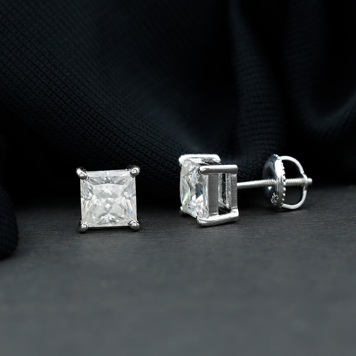 Certified 2.5 Carat Princess Cut Moissanite Stud Earrings in Silver D-VS1 92.5 Sterling Silver - Rosec Jewels