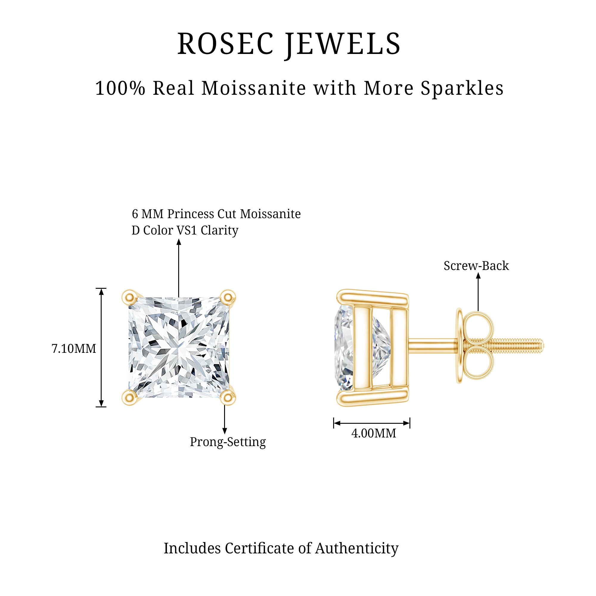 6MM Solitaire Princess Cut Moissanite Stud Earrings D-VS1 - Rosec Jewels