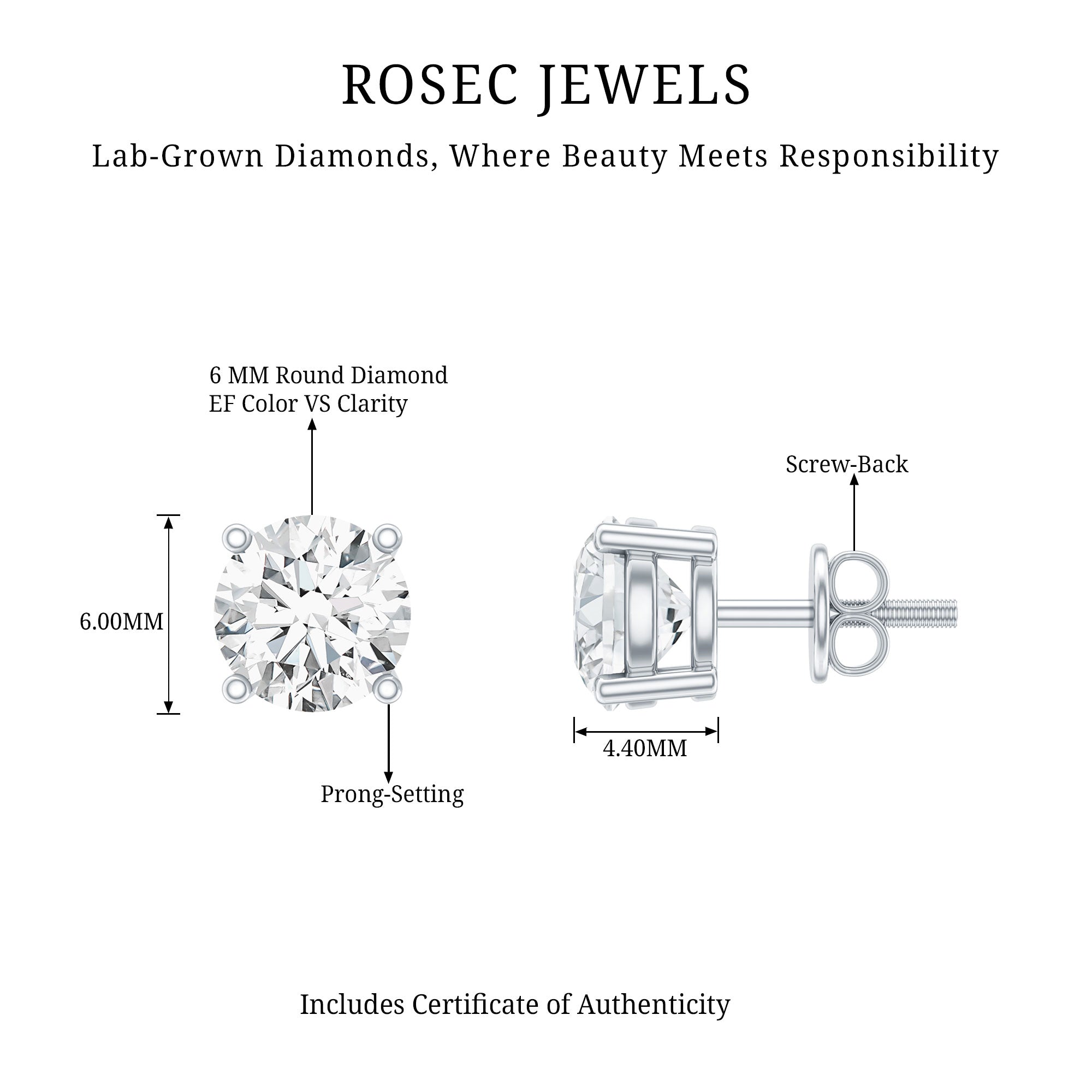 Solitaire 2 CT Lab Grown Diamond Stud Earrings with Screw Back Lab - ( EF-VS ) - Rosec Jewels