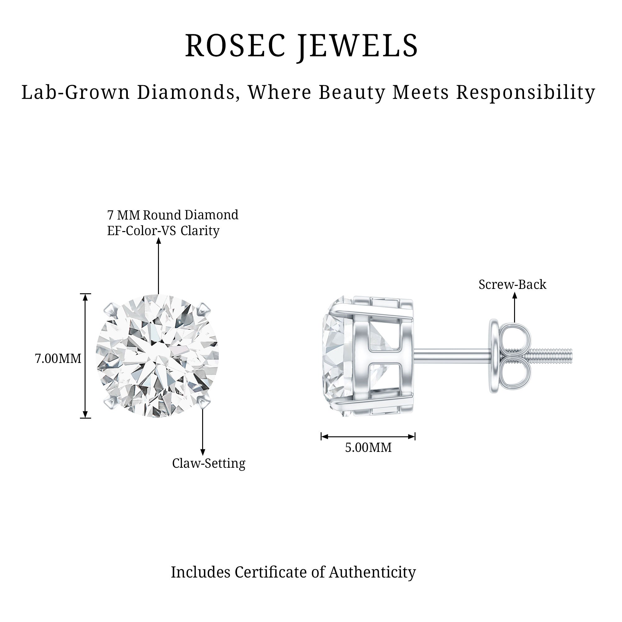 Round Cut 2.5 CT Lab Grown Diamond Solitaire Stud Earrings Lab - ( EF-VS ) - Rosec Jewels