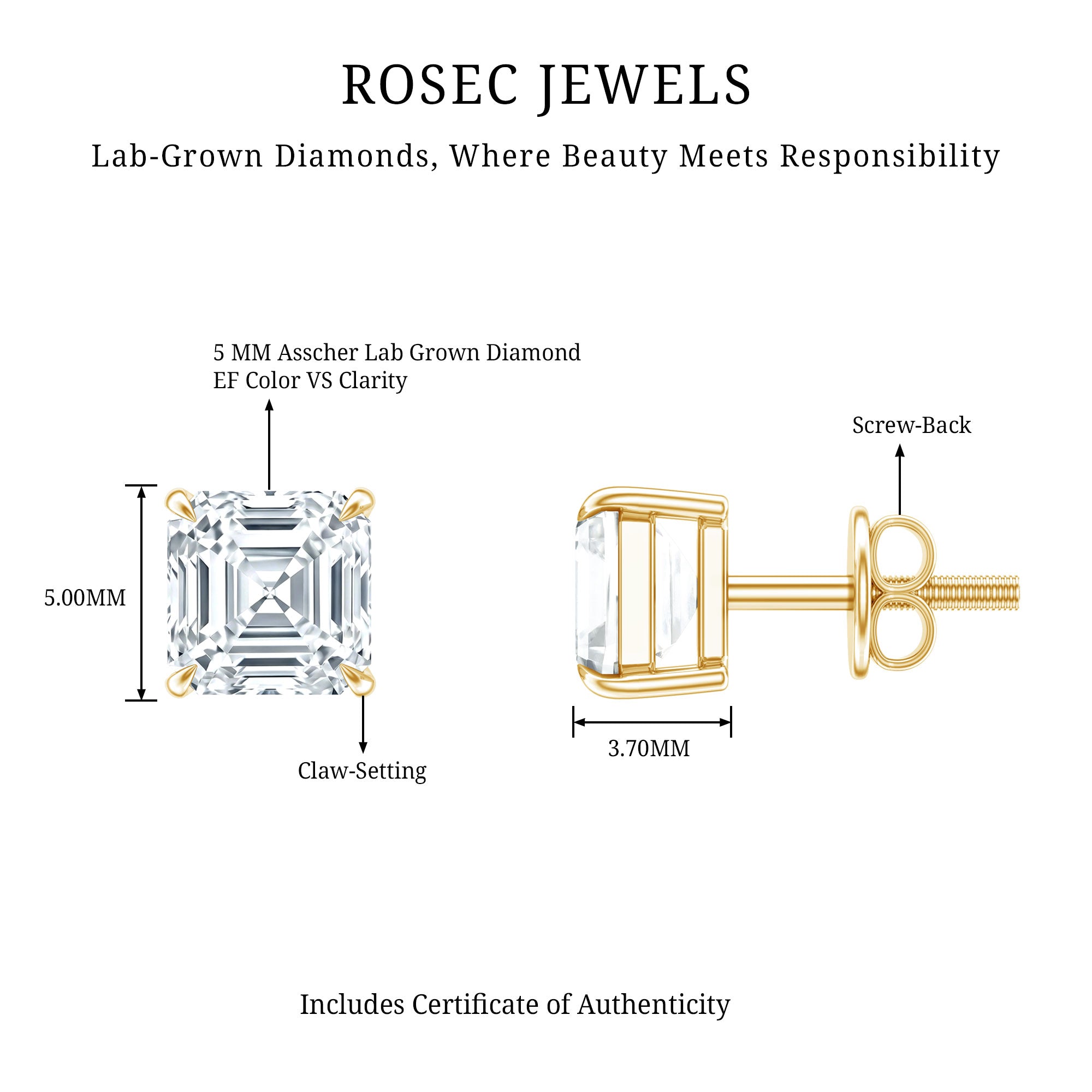 Rosec Jewels-Certified 1.4 Carat Asscher Cut Lab Grown Diamond Stud Earrings