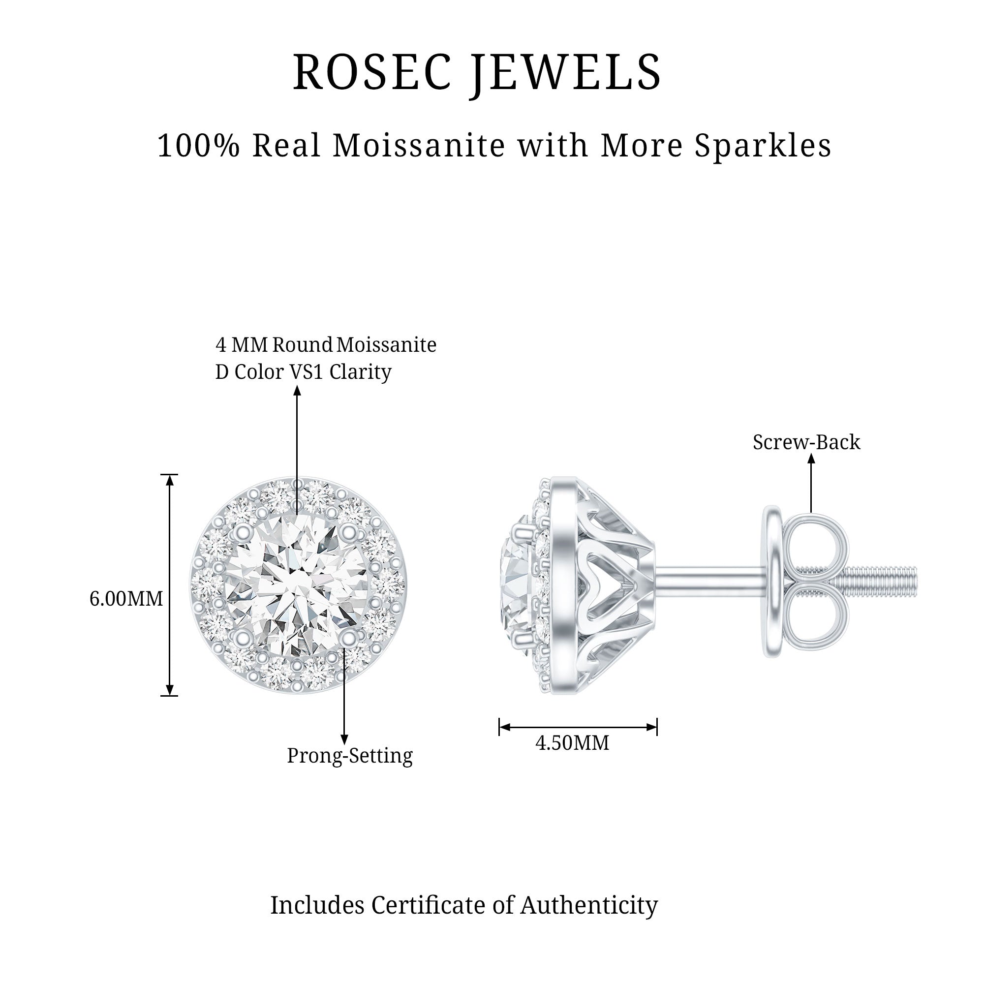 Certified Round Moissanite Halo Stud Earrings D-VS1 - Rosec Jewels