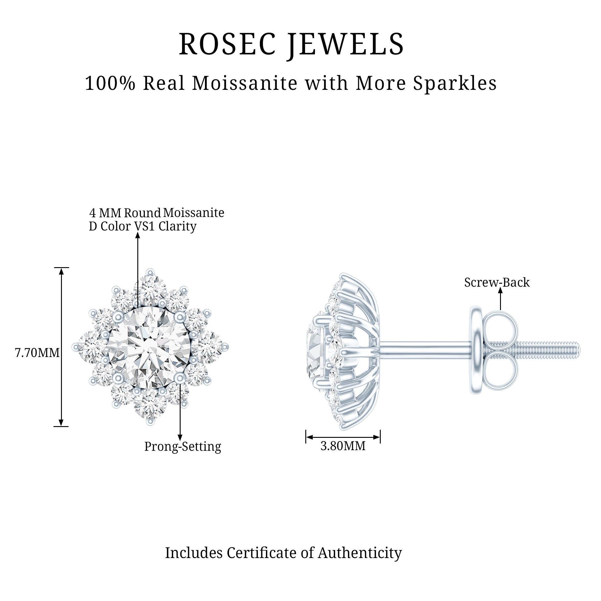 Classic Moissanite Stud Earrings with Halo D-VS1 - Rosec Jewels