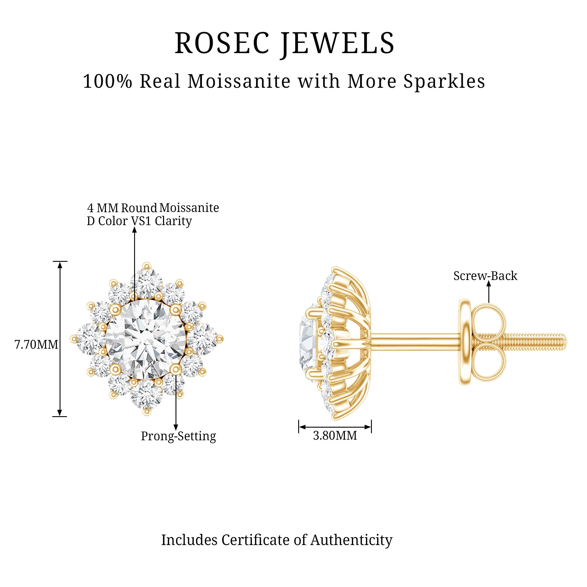 Classic Moissanite Stud Earrings with Halo D-VS1 - Rosec Jewels