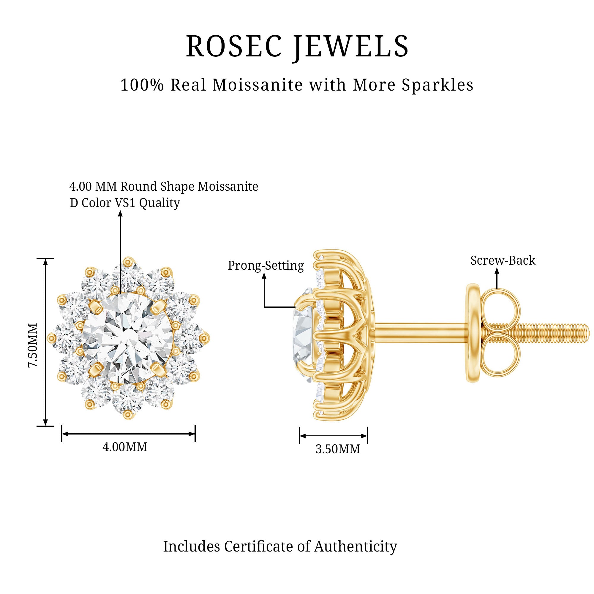 Certified Round Cut Moissanite Halo Stud Earrings for Women D-VS1 - Rosec Jewels