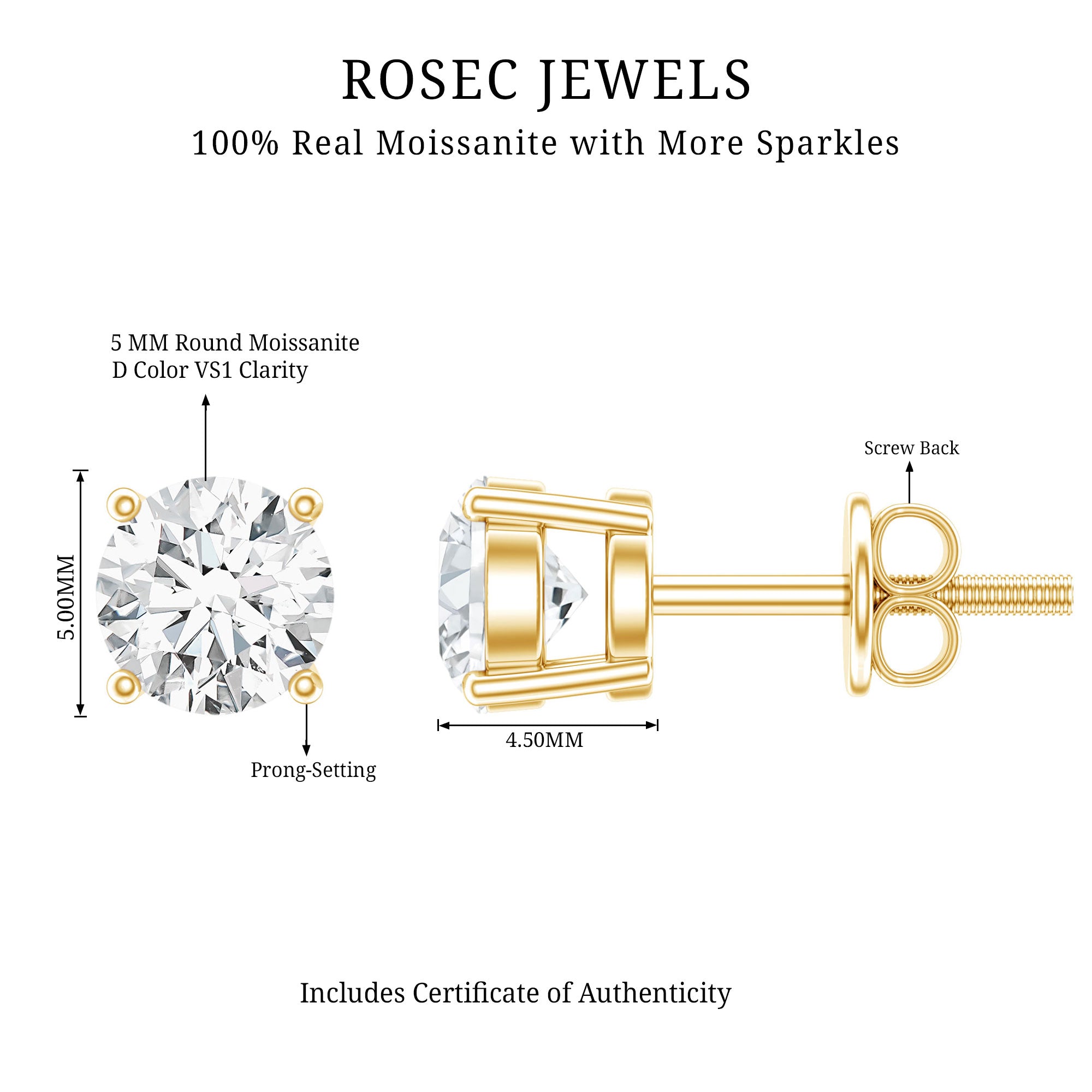 5 MM Round Moissanite Solitaire Screw Back Stud Earrings D-VS1 - Rosec Jewels