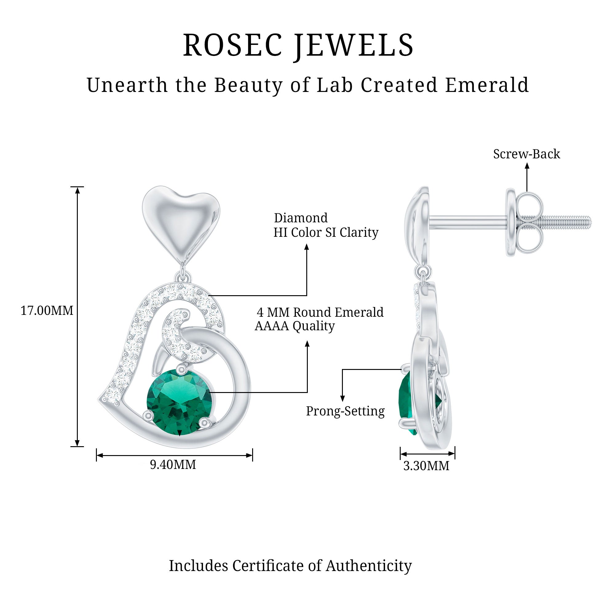 Lab Created Emerald Heart Drop Earrings with Diamonds AAAA - Rosec Jewels
