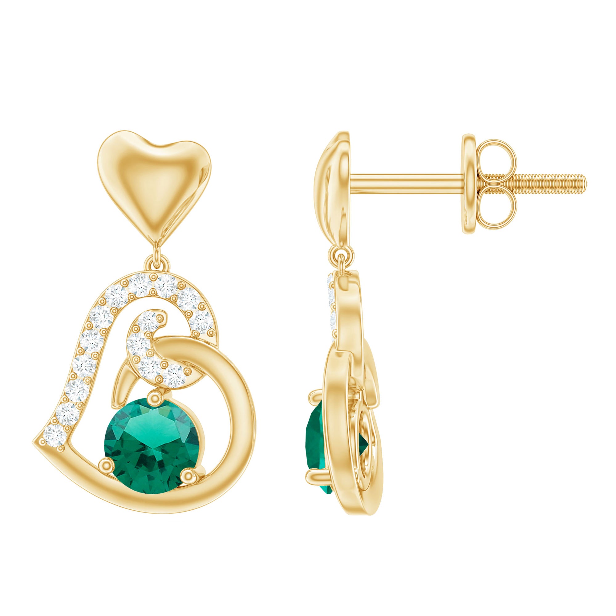 Lab Created Emerald Heart Drop Earrings with Diamonds AAAA - Rosec Jewels