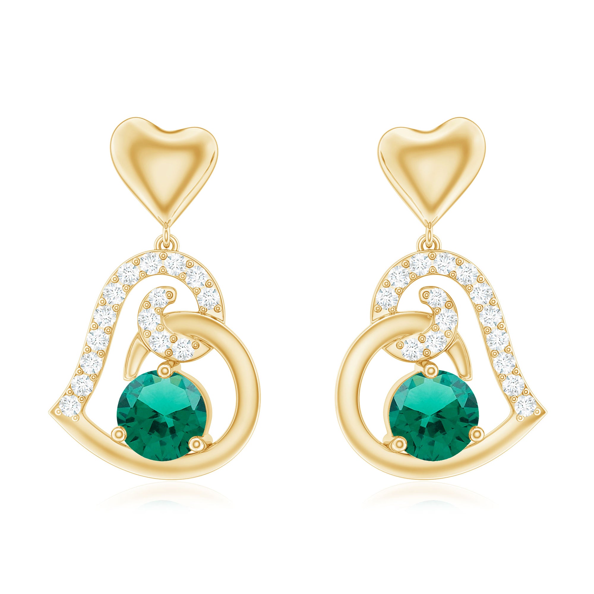 Lab Created Emerald Heart Drop Earrings with Diamonds AAAA - Rosec Jewels