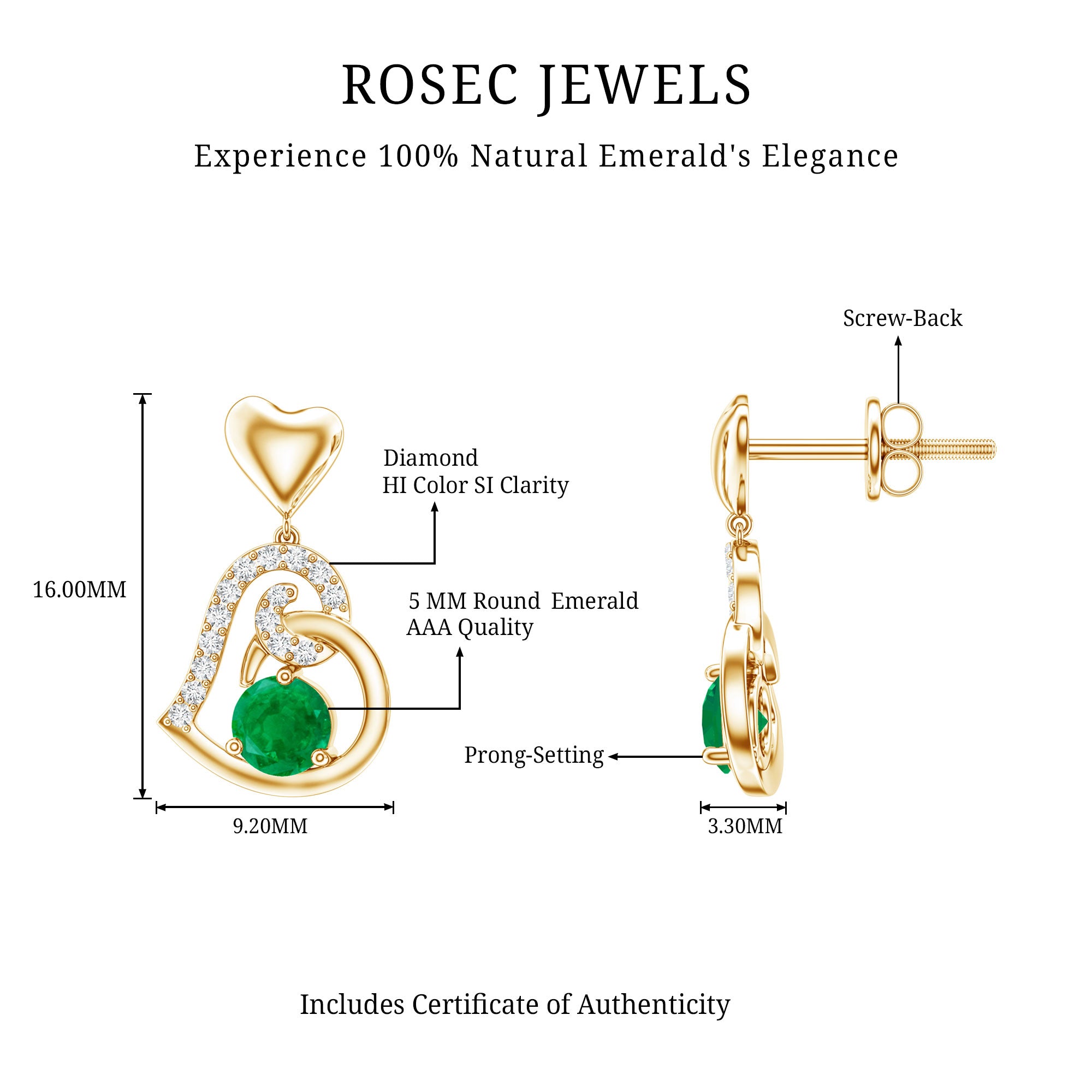 0.9 Carat Round Emerald and Diamond Heart Drop Earrings AAA - Rosec Jewels