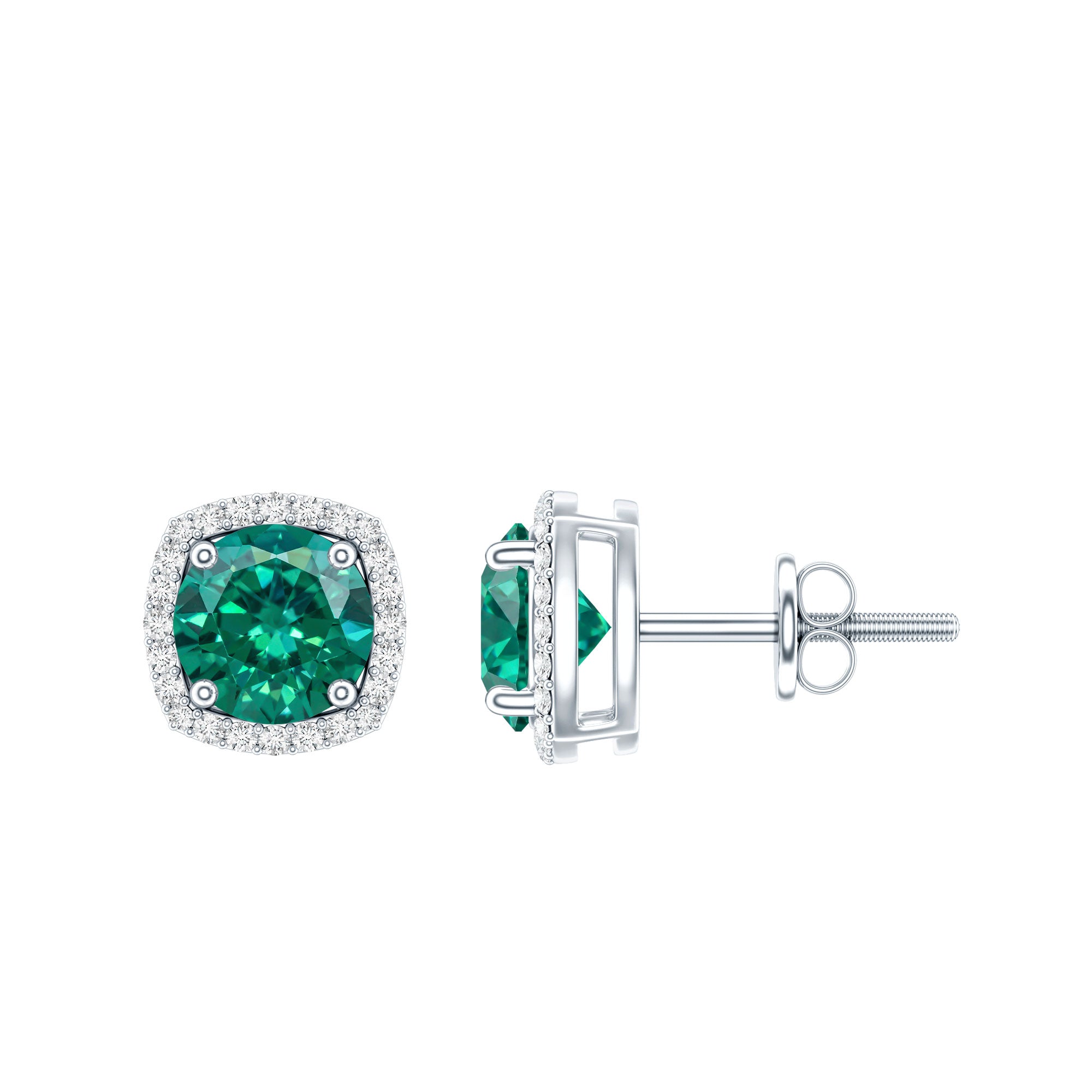 6 MM Lab Grown Emerald Stud Earrings with Diamond Halo AAAA - Rosec Jewels