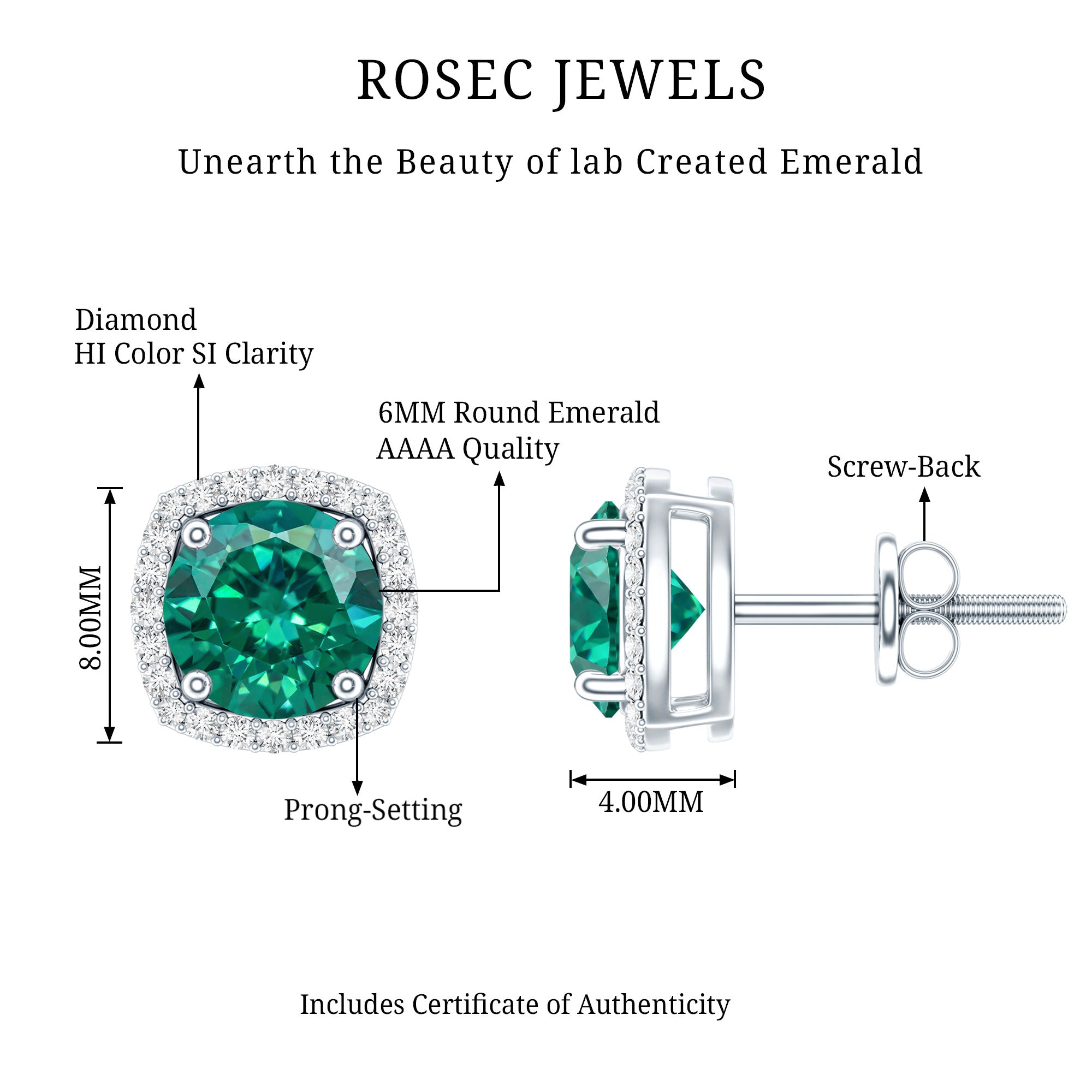 6 MM Lab Grown Emerald Stud Earrings with Diamond Halo AAAA - Rosec Jewels