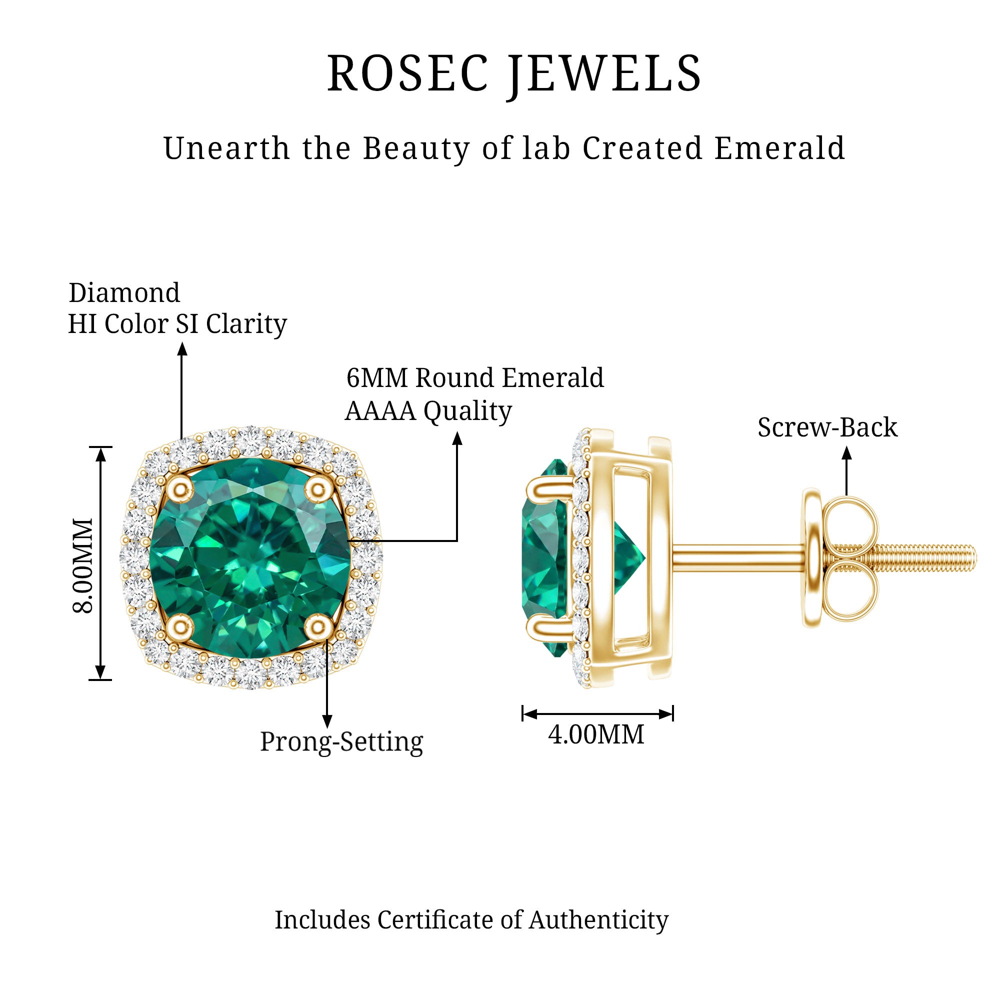6 MM Lab Grown Emerald Stud Earrings with Diamond Halo AAAA - Rosec Jewels