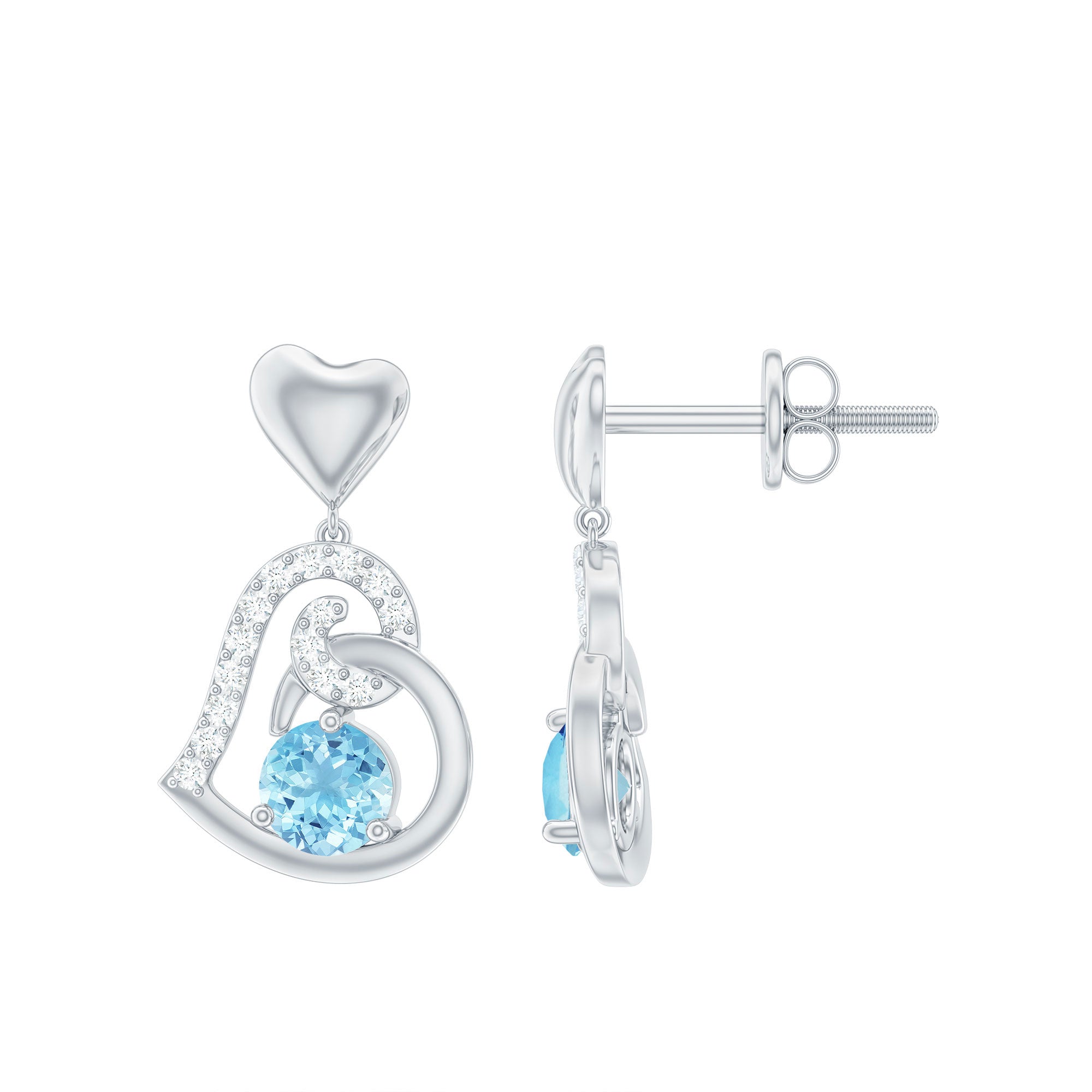 Natural Aquamarine Heart Drop Earrings with Diamond