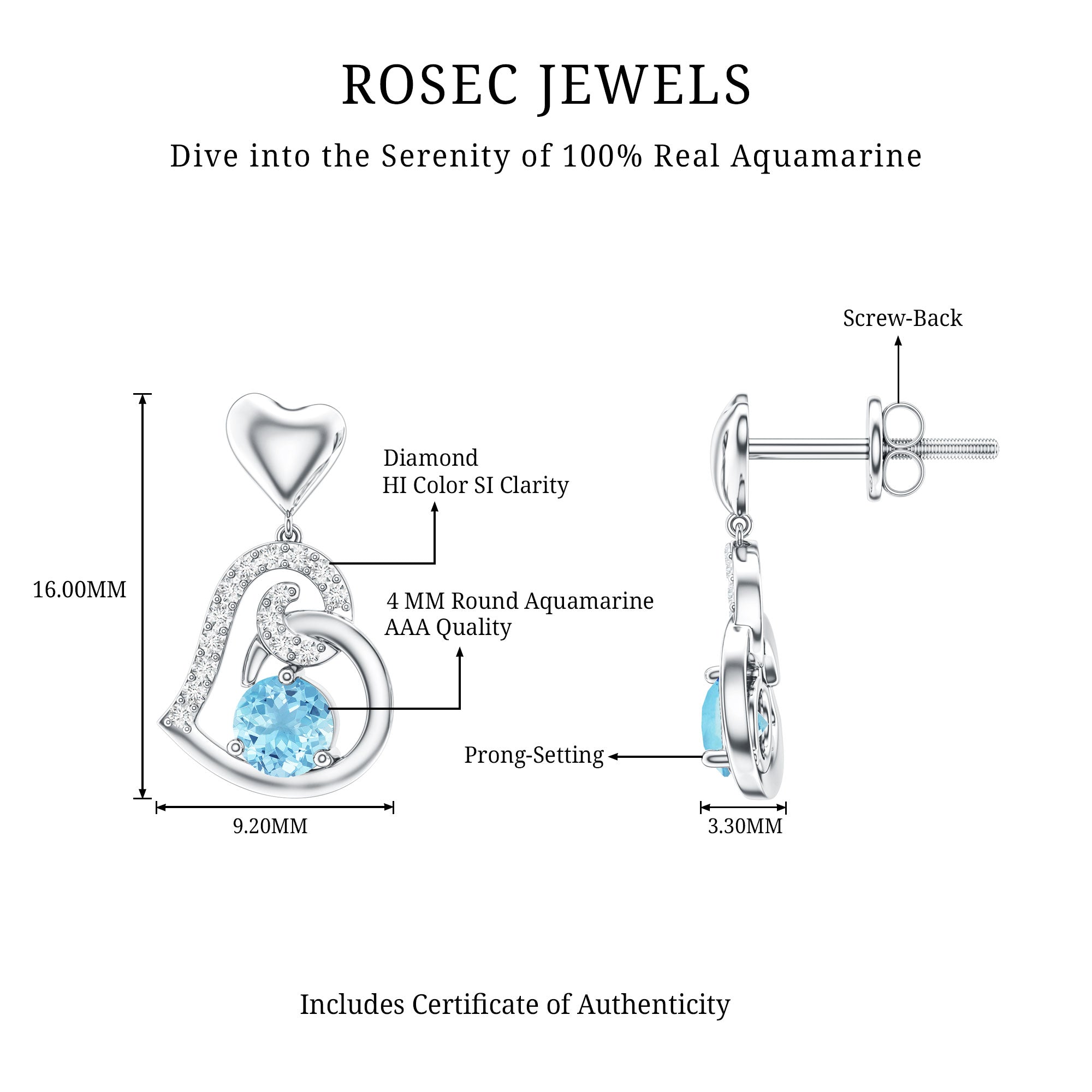 Natural Aquamarine Heart Drop Earrings with Diamond AAA - Rosec Jewels