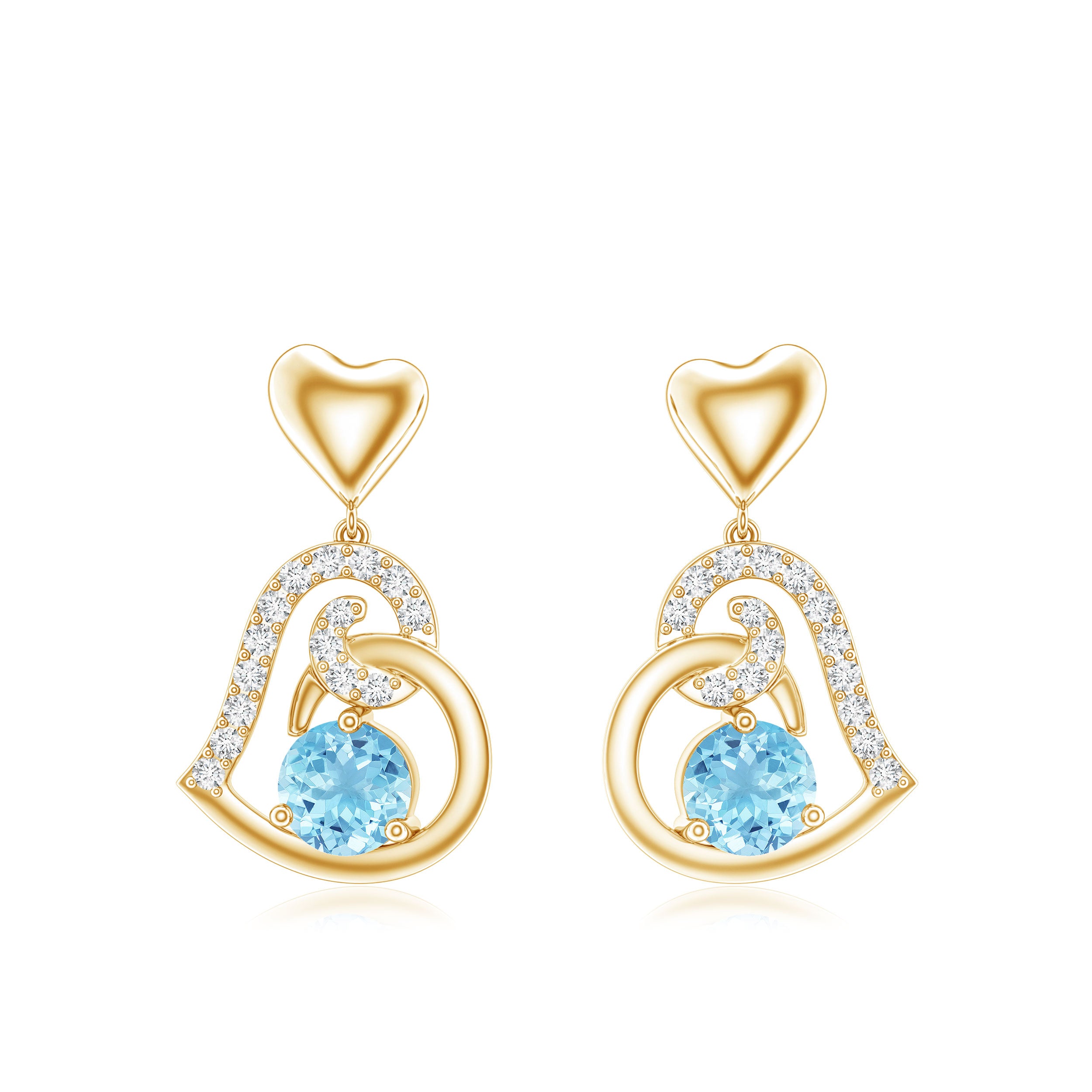 Natural Aquamarine Heart Drop Earrings with Diamond AAA - Rosec Jewels