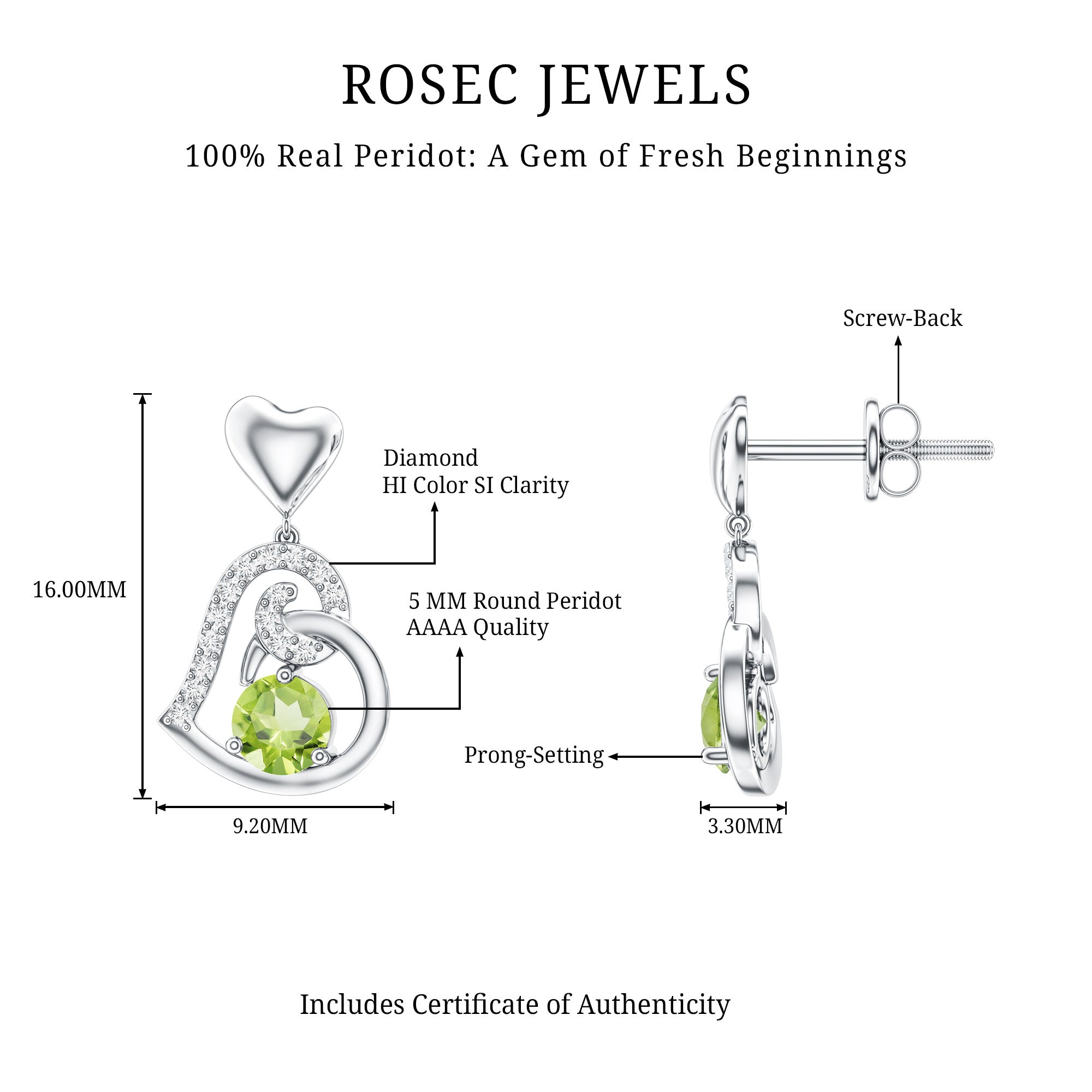Solitaire Peridot Heart Drop Earrings with Diamond Accent AAA - Rosec Jewels