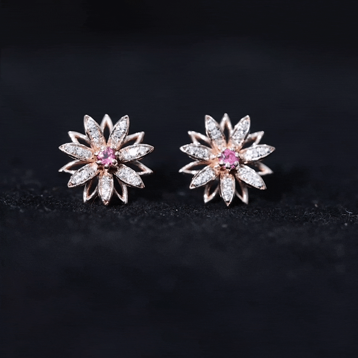 Round Pink Tourmaline Classic Flower Stud Earring with Diamond Pink Tourmaline - ( AAA ) - Quality - Rosec Jewels