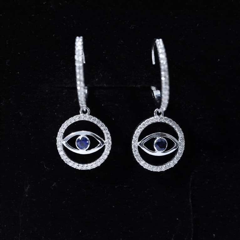 Real Blue Sapphire and Diamond Evil Eye Hoop Drop Earrings AAA - Rosec Jewels