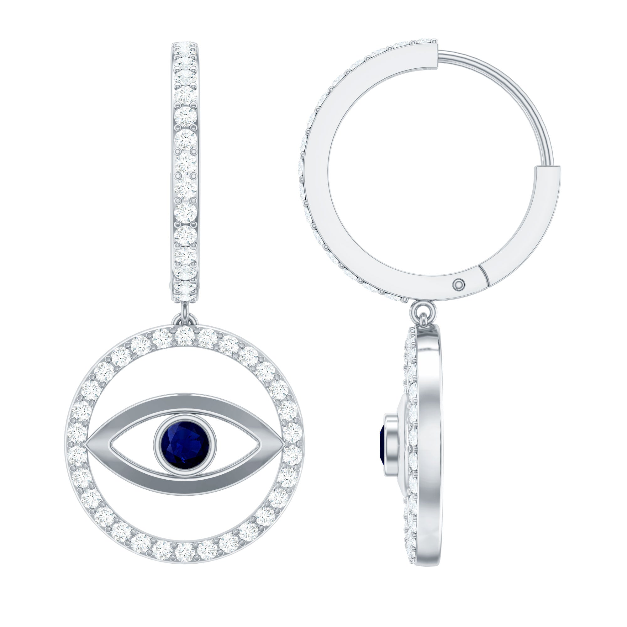 Real Blue Sapphire and Diamond Evil Eye Hoop Drop Earrings AAA - Rosec Jewels