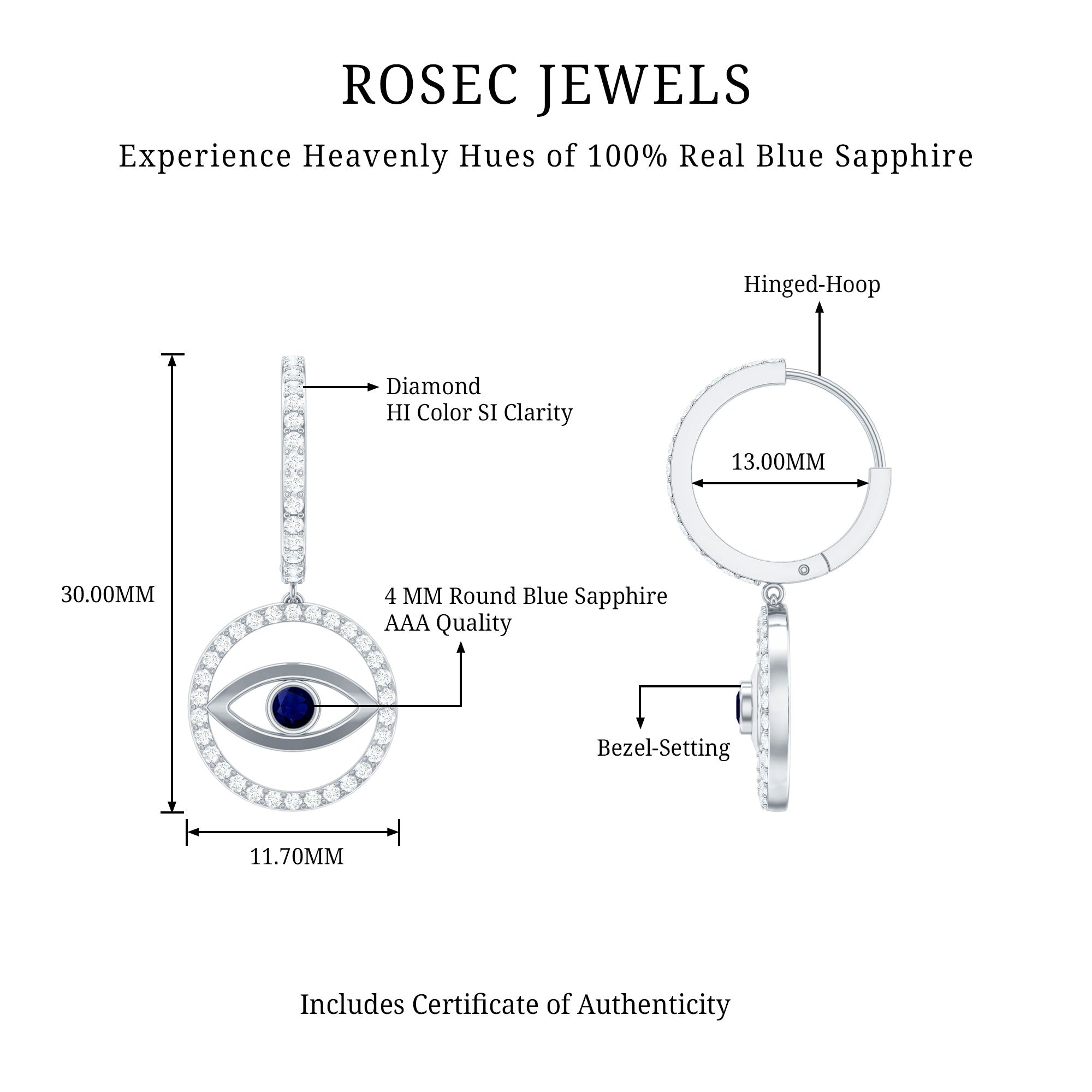 Real Blue Sapphire and Diamond Evil Eye Hoop Drop Earrings AAA - Rosec Jewels